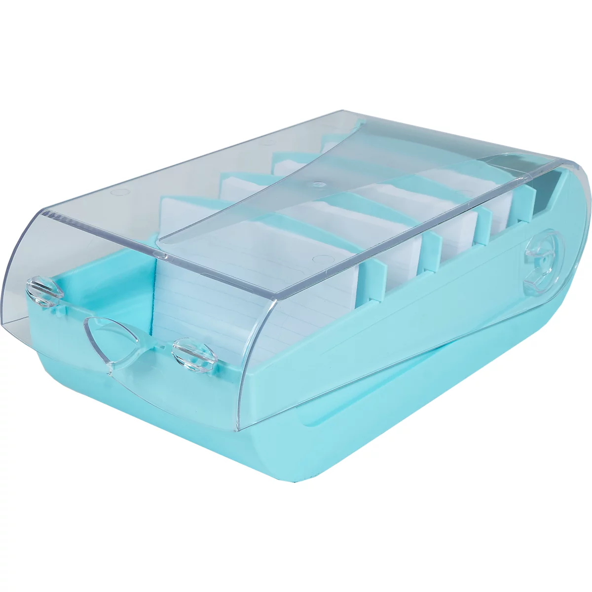 Récipient de rangement rectangulaire bleu clair avec un couvercle transparent. Intérieur divisé en compartiments.