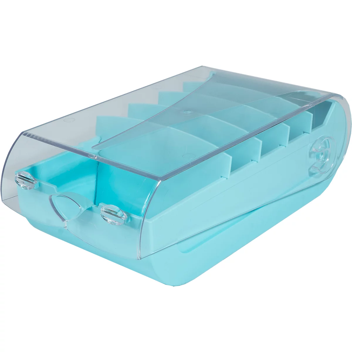 Boîte de rangement bleu clair avec couvercle transparent, divisée en plusieurs compartiments.