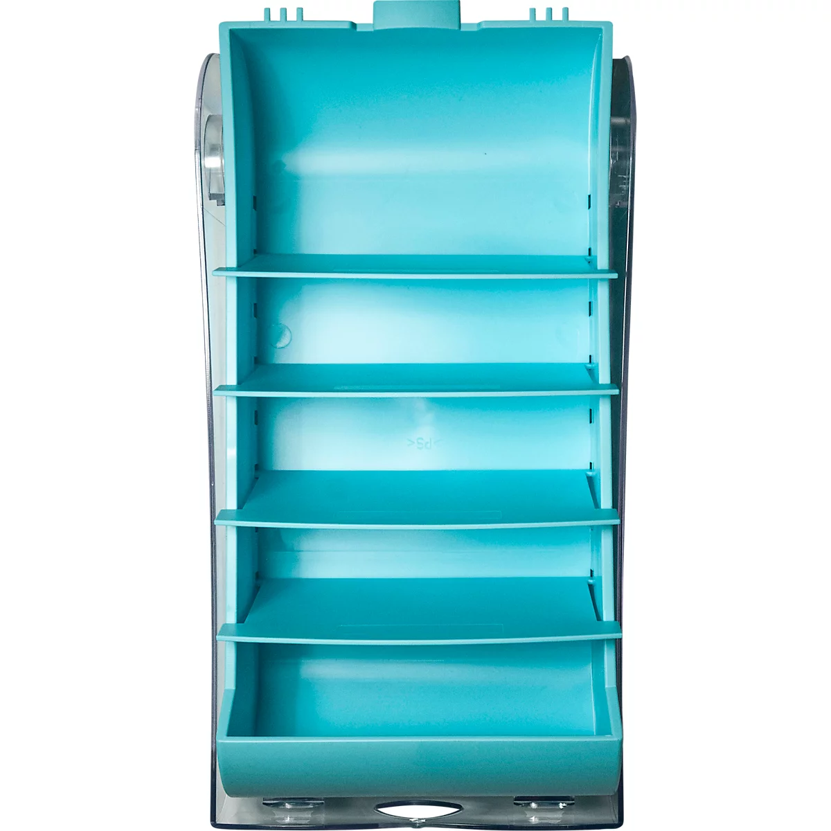 Une étagère bleue avec cinq compartiments, sur fond transparent.