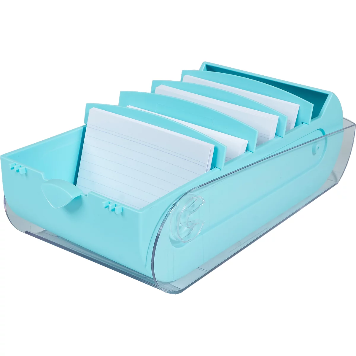 Porte-cartes turquoise avec fiches remplies. Les cartes sont divisées en compartiments, la partie inférieure est transparente.