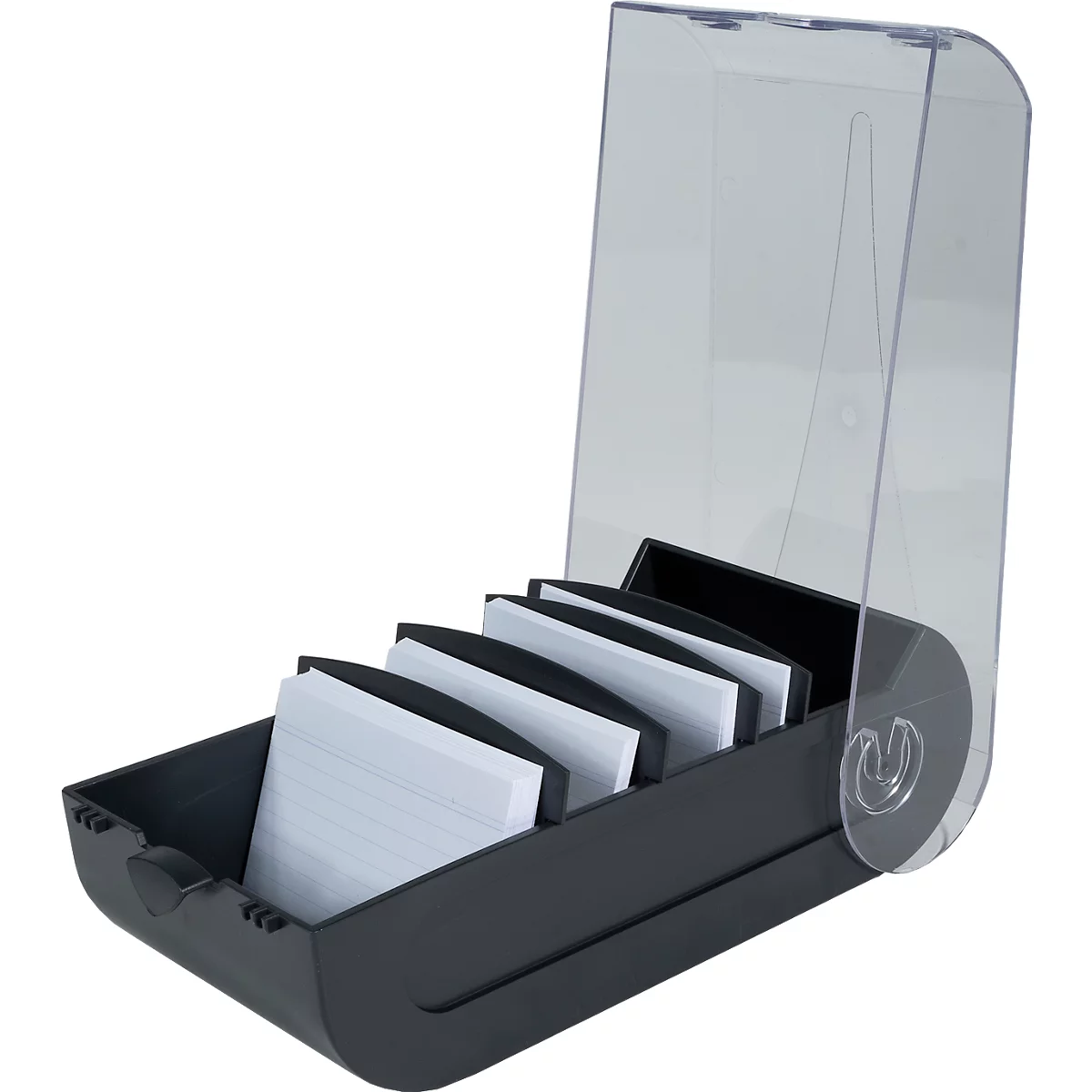 Une boîte de cartes noire avec un couvercle transparent, remplie de fiches.