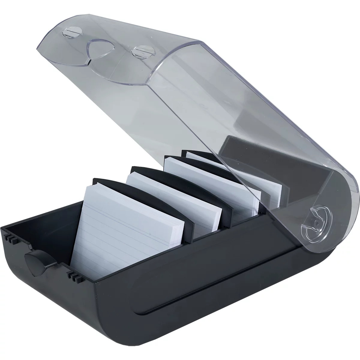 Boîte de rangement noire avec couvercle transparent, remplie de blocs-notes blancs.