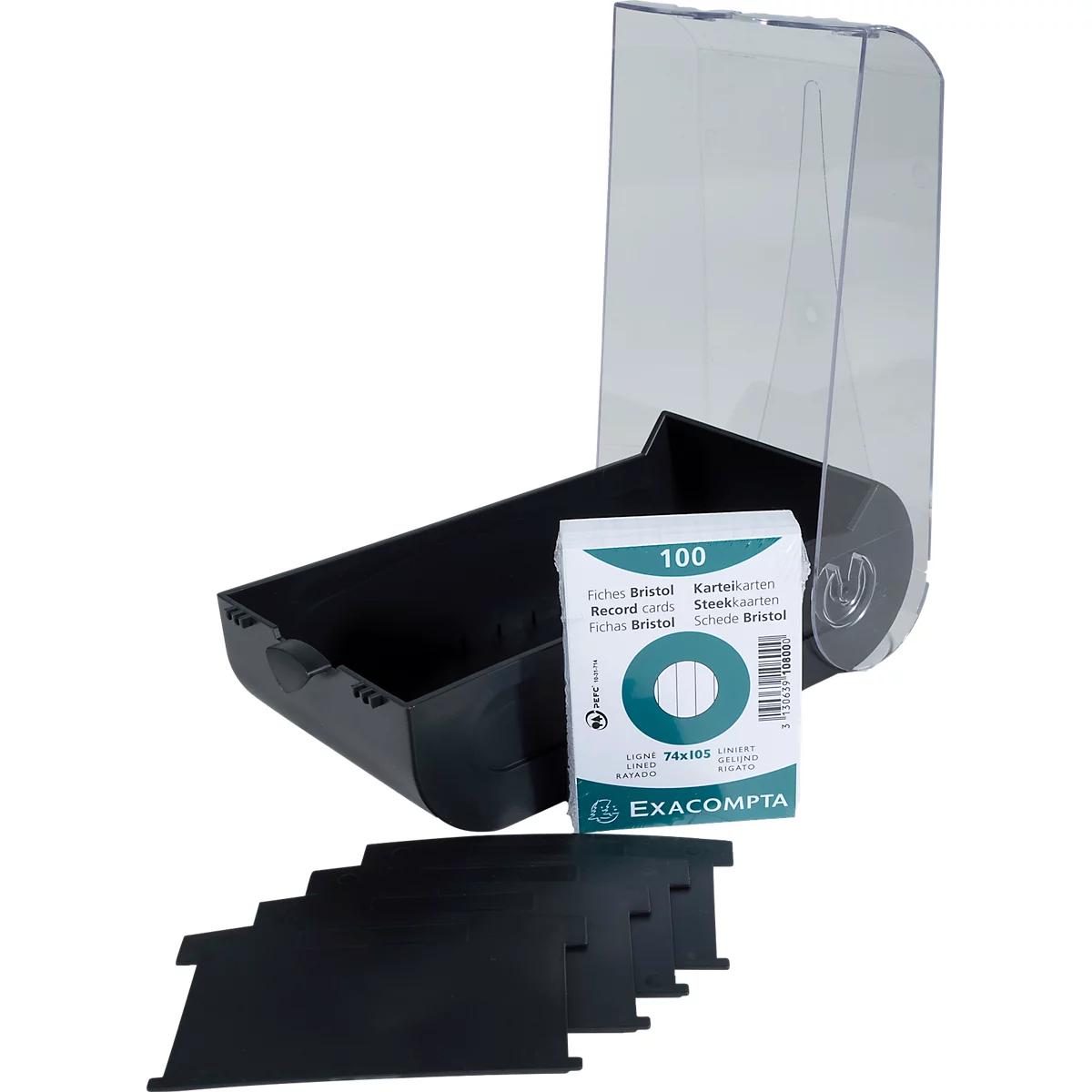 Boîte à cartes noire avec couvercle transparent, un paquet de cartes et des registres noirs.