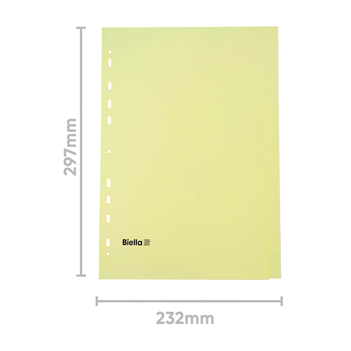 Gelbe Lochfolie, mit Massen 297mm x 232mm, Marke 'Biella'.