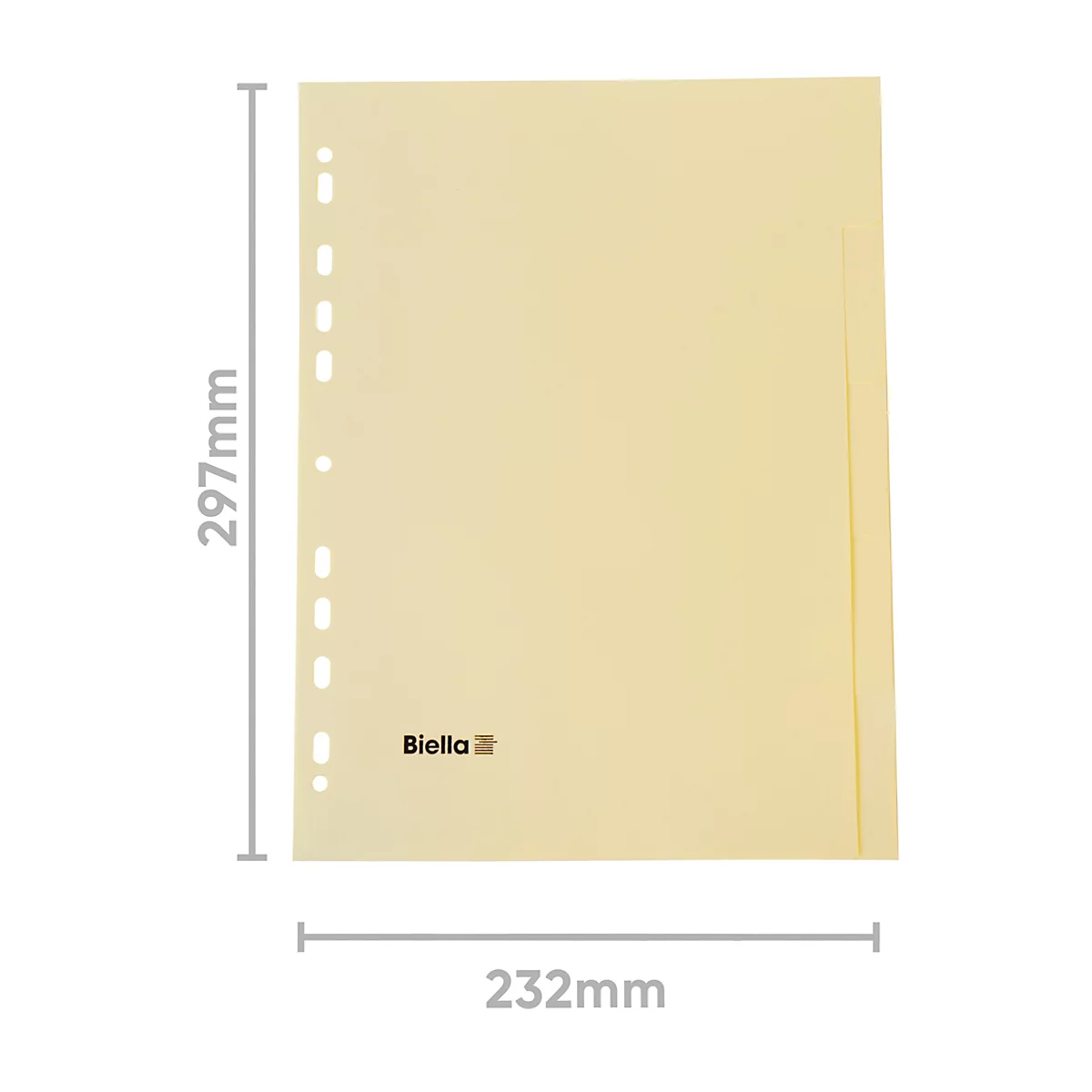Hellgelbe, gelochte Klarsichthülle. Links sieben Löcher, rechts vertikaler Streifen. Masse: 297x232mm. Aufdruck: Biella.