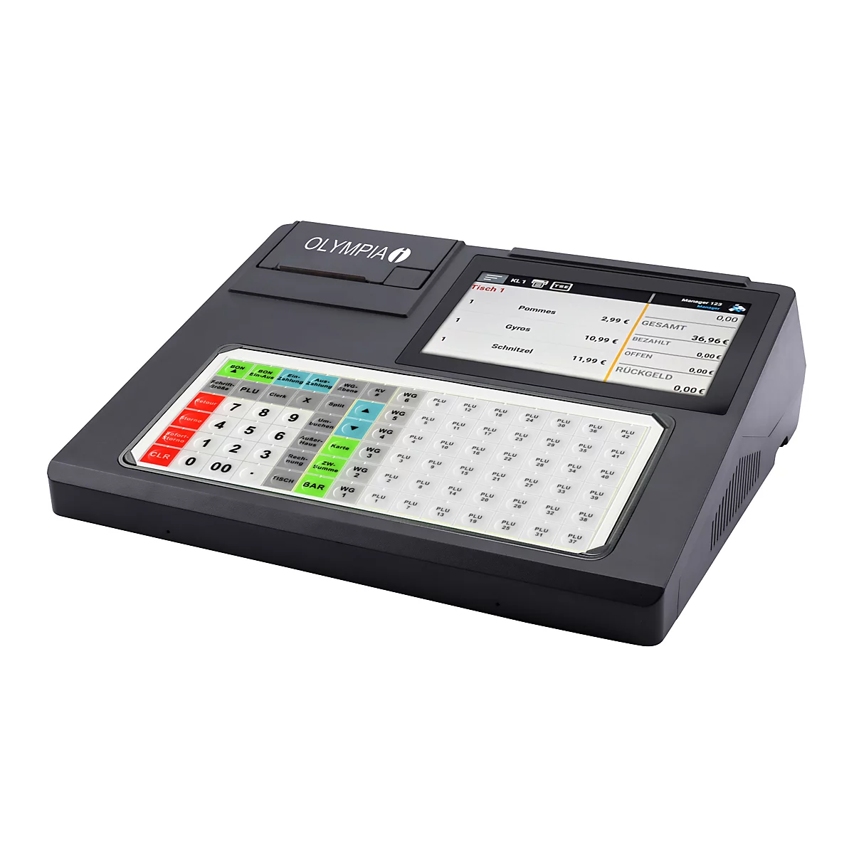 Zwarte Olympia kassa met toetsenbord, touchscreen en "Olympia" print. Transactiegegevens zijn zichtbaar op het scherm.