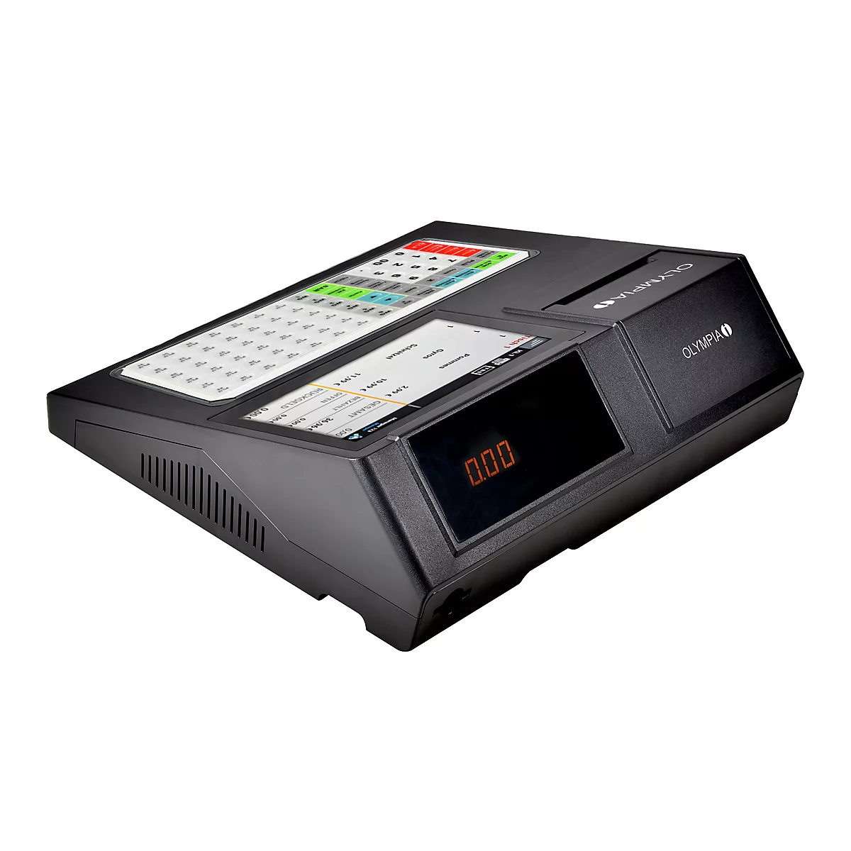 Zwarte kassa met touchscreen, toetsenbord en lade. Opschrift "OLYMPIA".