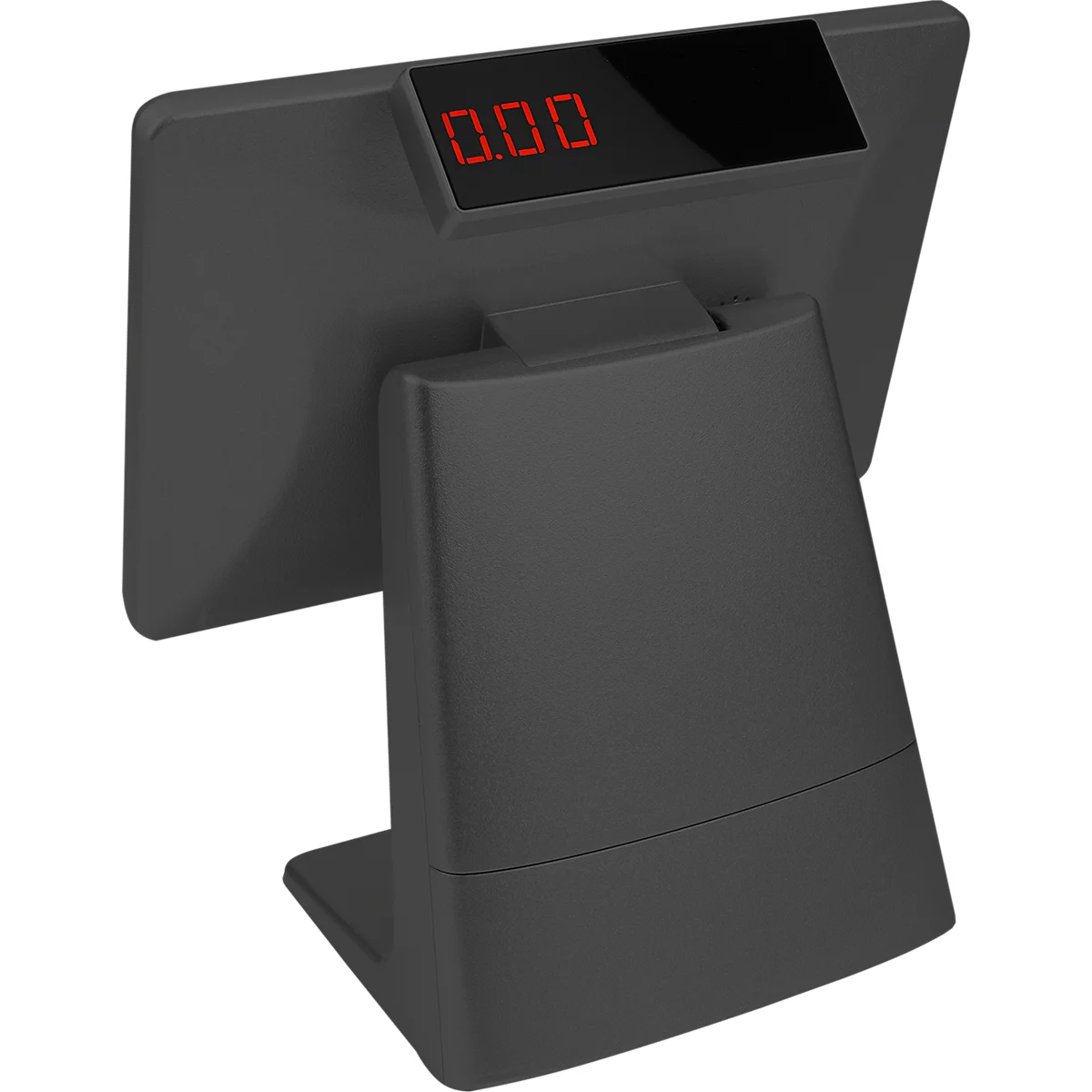 Zwart kassasysteem, display met weergave 0.00. Het apparaat staat op een voet.