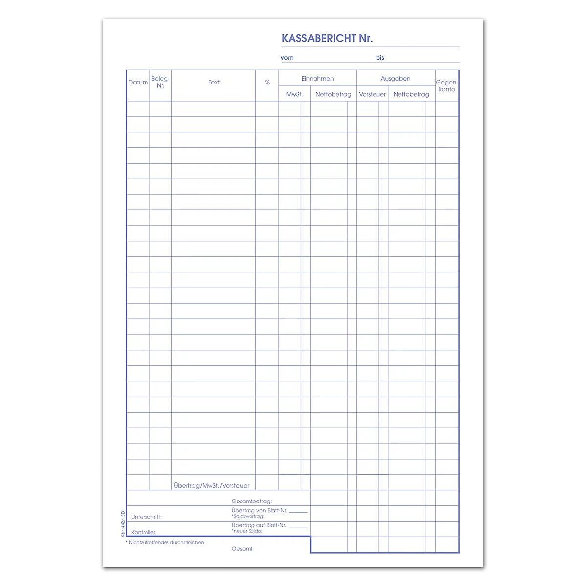 Kassabericht A4 hoch 2x40 Blatt netto