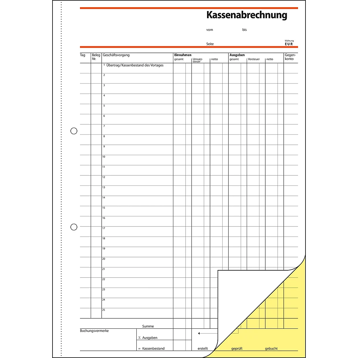 Kassenabrechnung Sigel SD006, selbstdurchschreibend, DIN A4, 2 x 40 Blatt