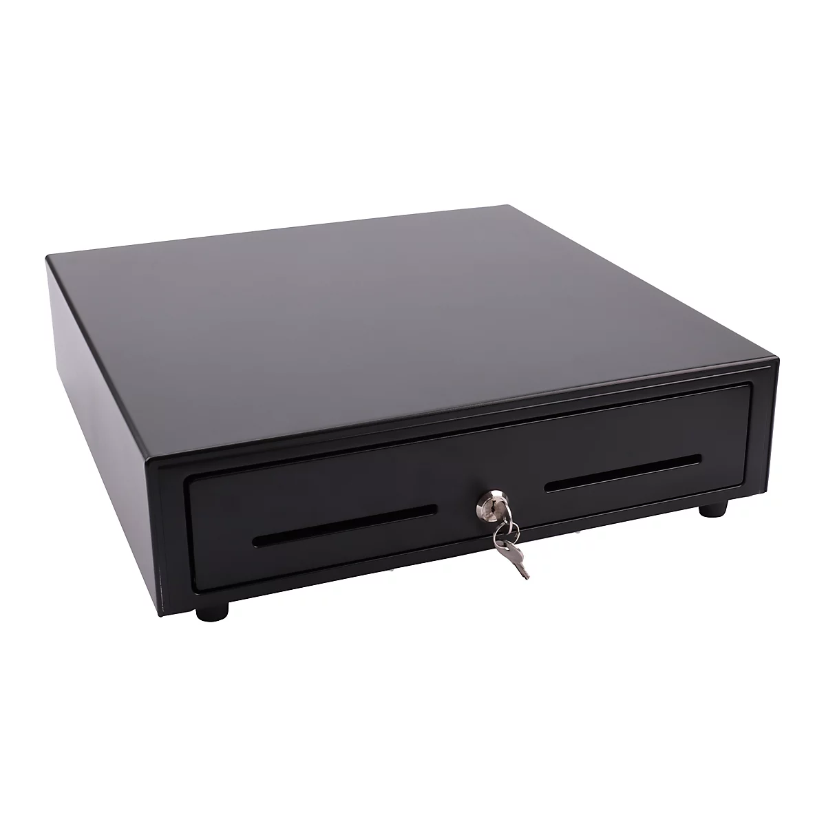 Schwarze Kasse, Schublade offen. Schlüssel steckt im Schloss.