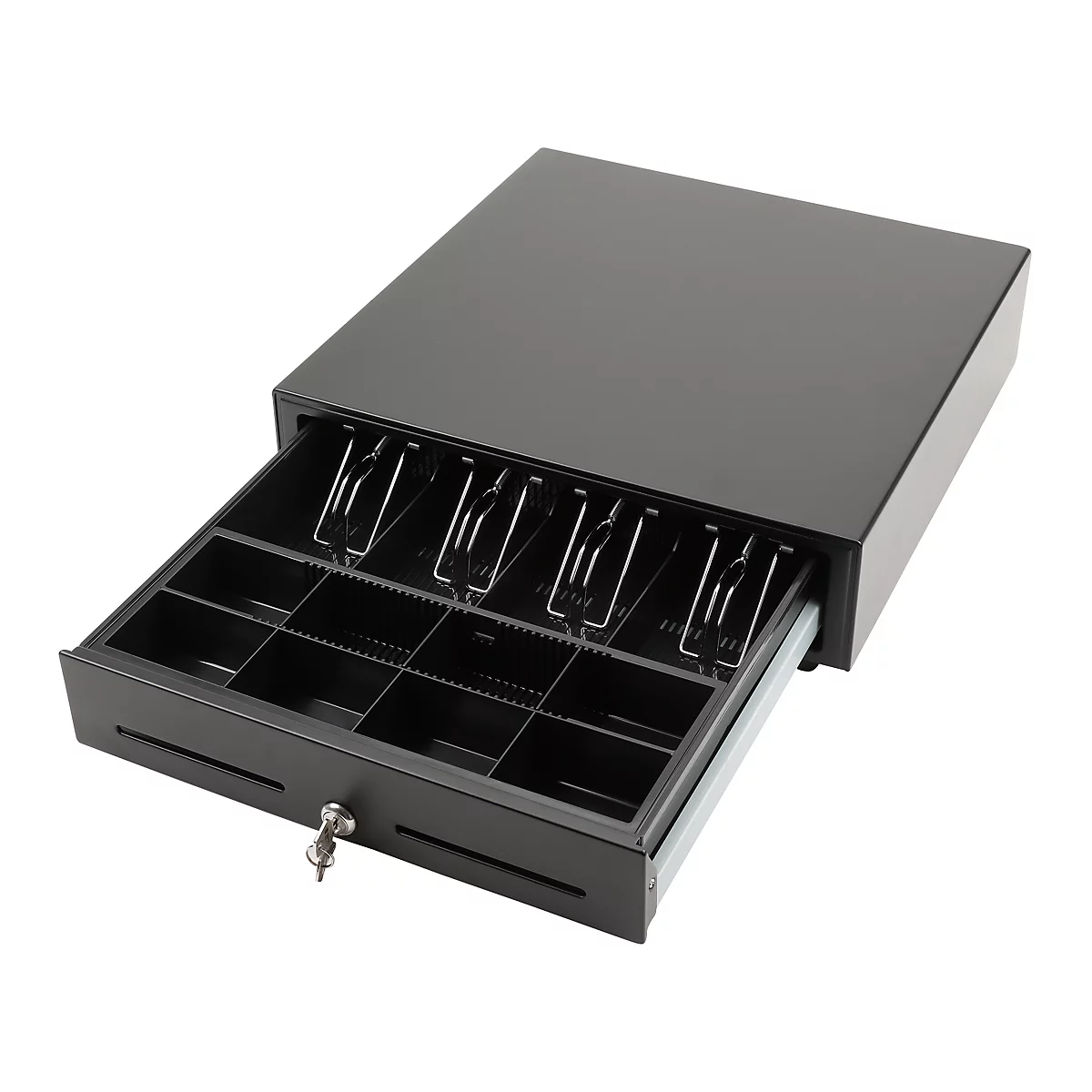 Geöffnete schwarze Registrierkasse mit Bargeldablage und Münzfächern. Die Schublade ist offen mit Schlüssel.