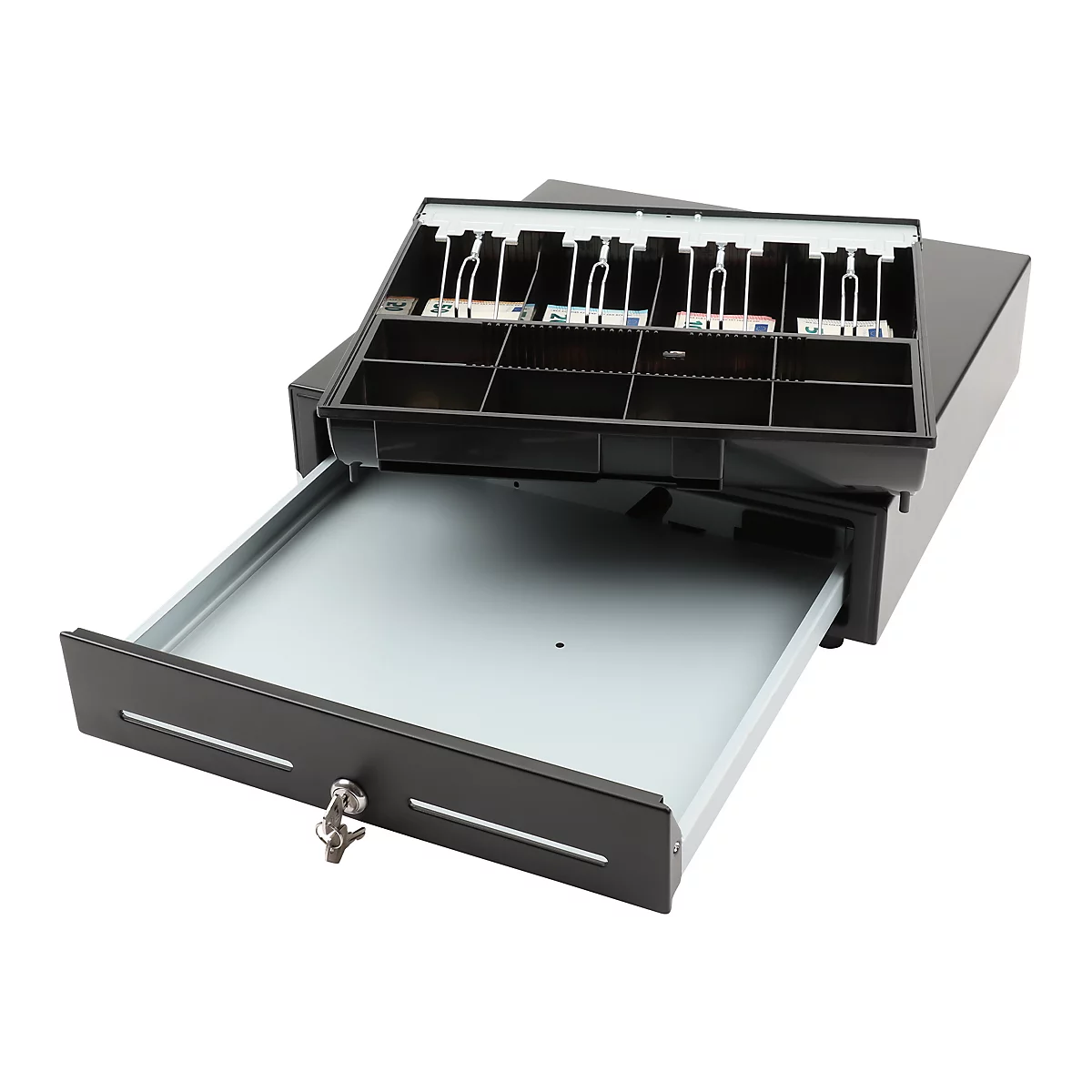 Schwarze Kassenschublade mit Schlüsselloch und zwei Schlitzen. Auf Füßen platziert.