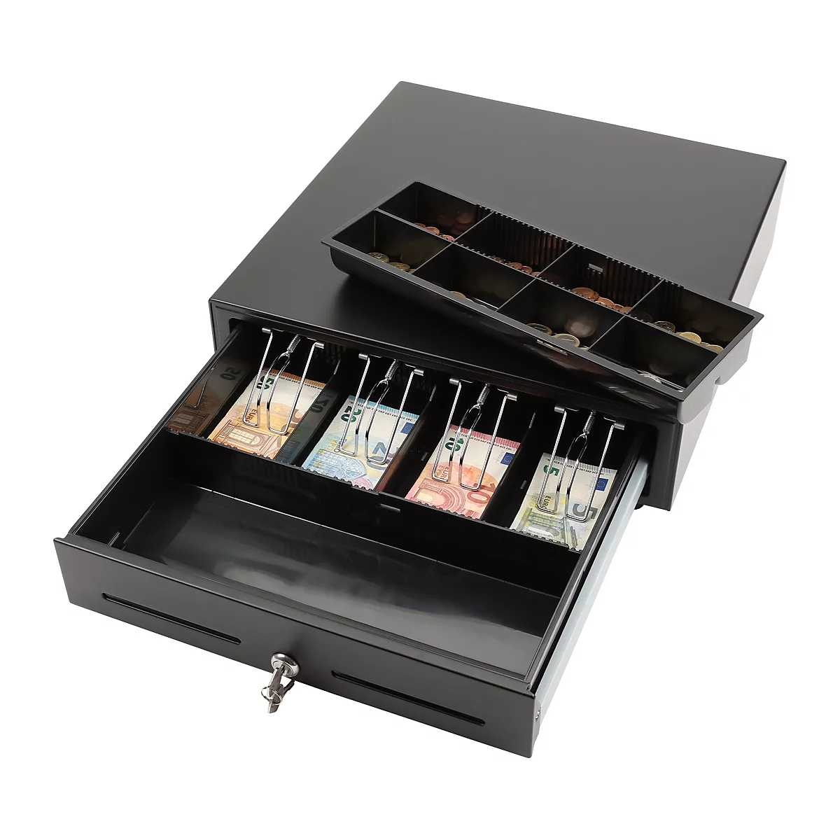Schwarze Kasse, Schublade mit Geldscheinen, Münzbehälter daneben, Schlüssel im Schloss.