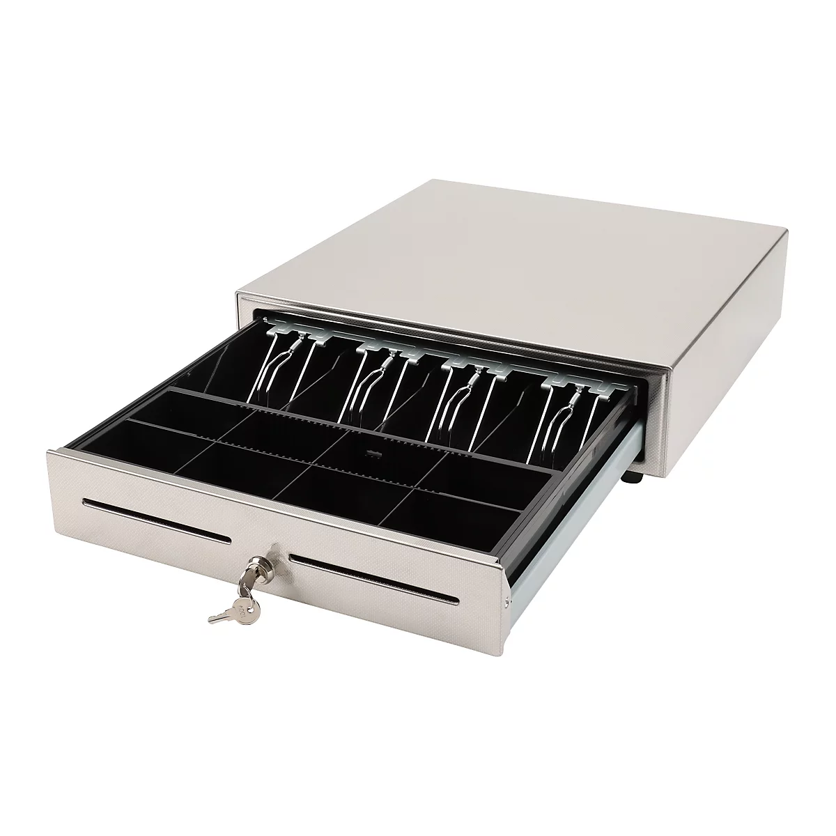 Ein silberner Kassenschublade. Auf der Schublade sind zwei Schlitze zu sehen. Ein Schlüssel steckt im Schloss.