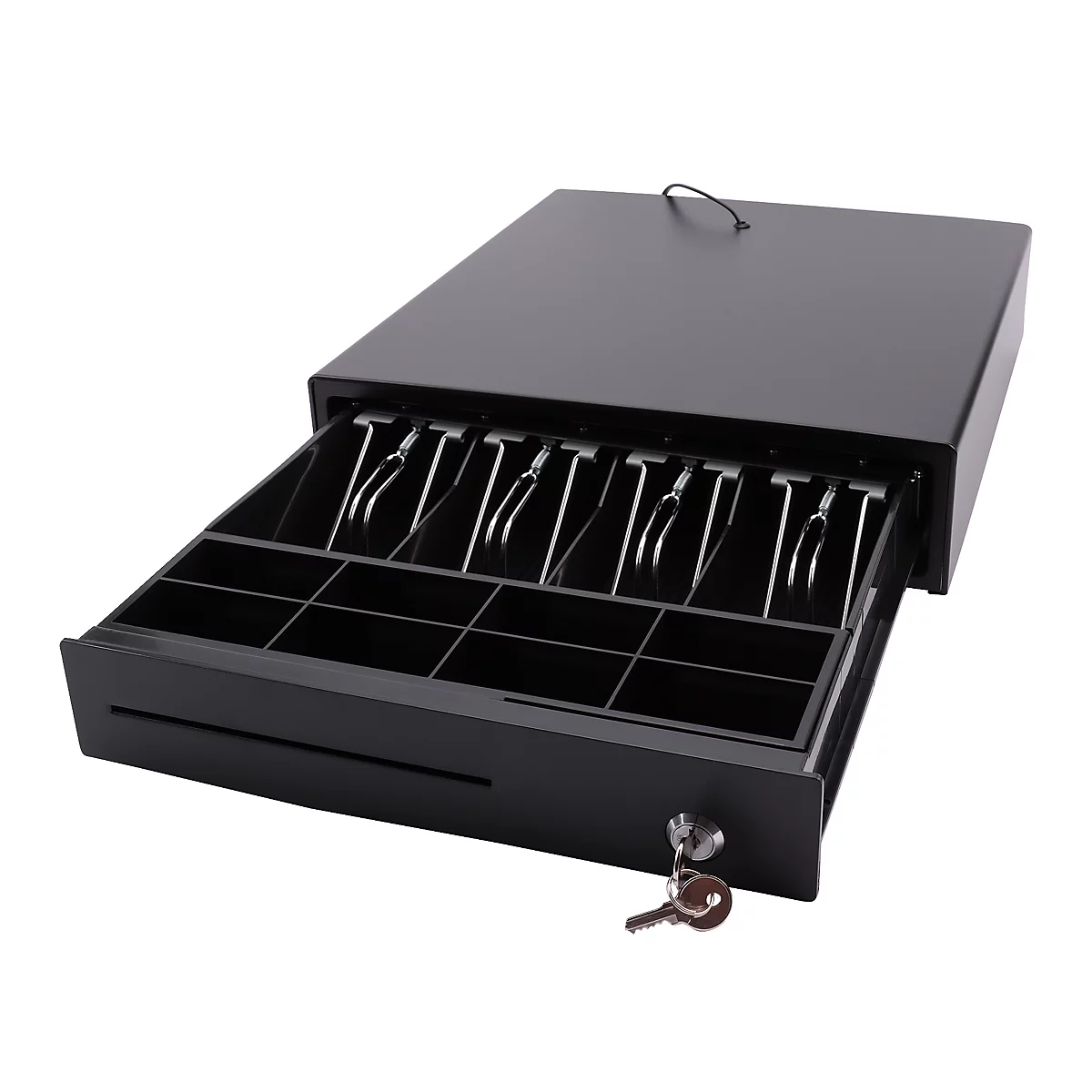 Schwarze Kasse, Schublade offen, silberne Halterungen für Scheine, Schlüssel steckt.