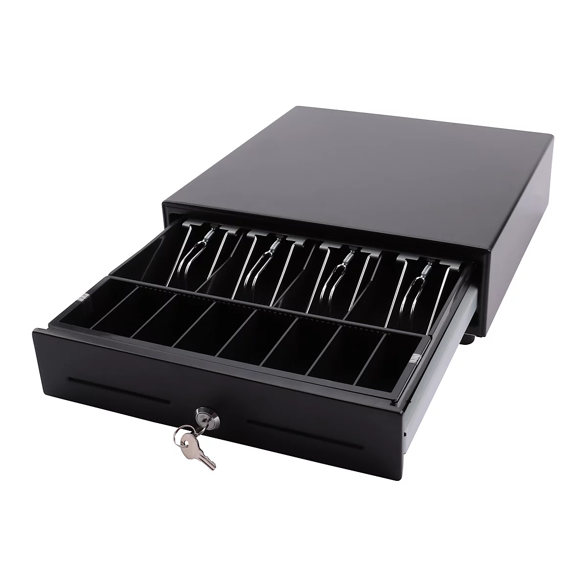 Schwarze Kassenschublade, geöffnet, mit Münzfächern und Schlüsselloch.