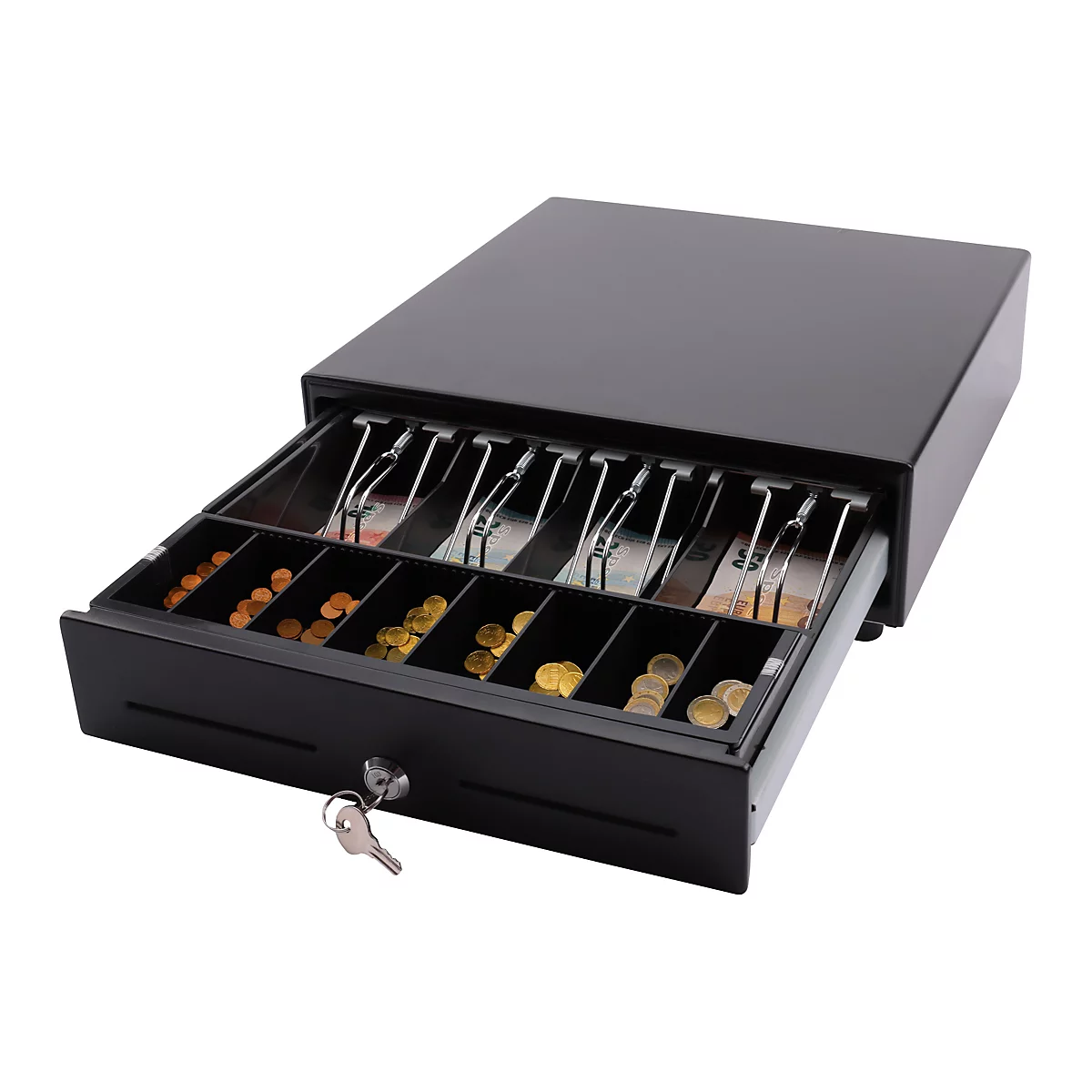 Schwarze Kasse, Schublade mit Schlüssel. Frontansicht, neutraler Hintergrund.