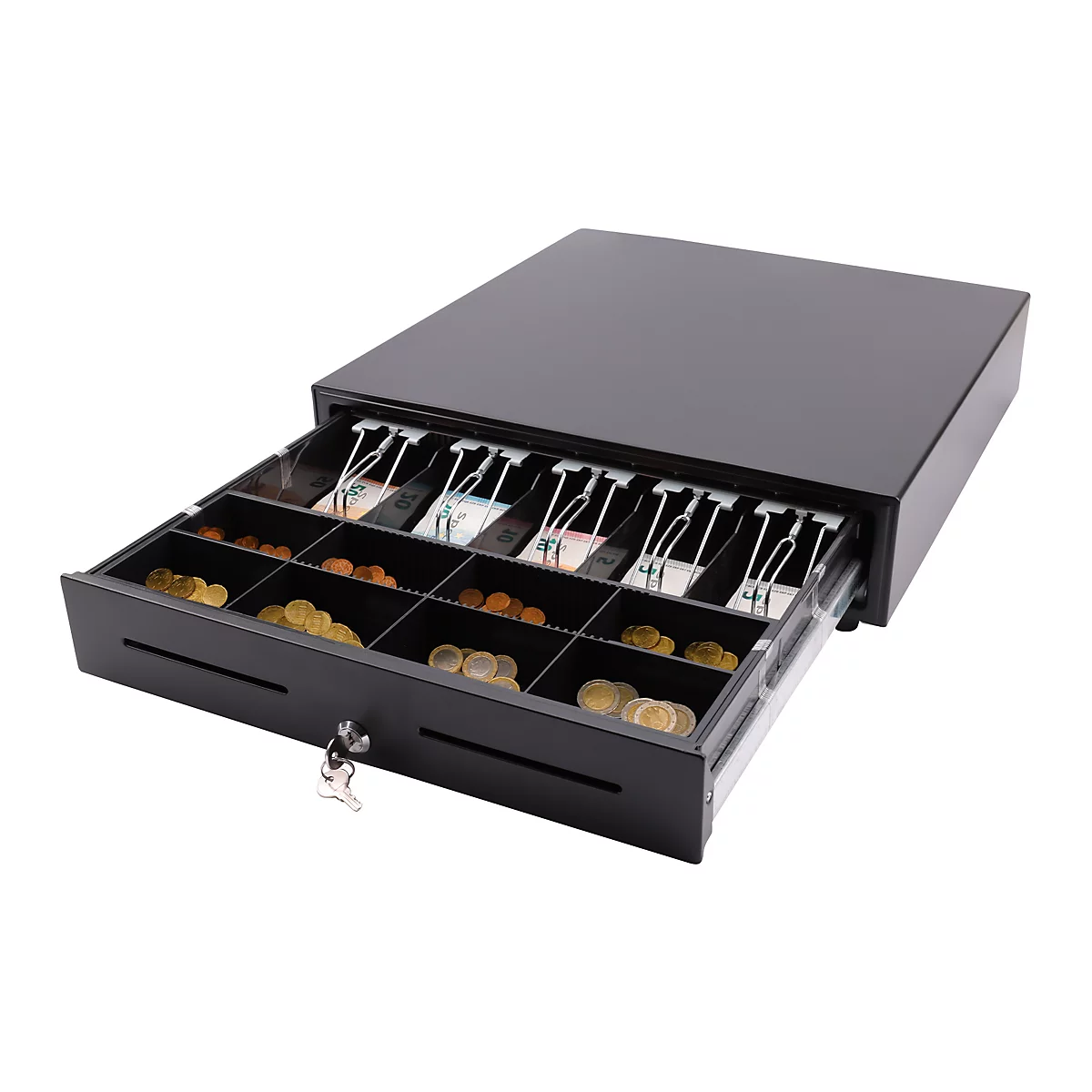 Schwarze Kassenschublade mit Schlüssel und zwei Einwurfschlitzen.