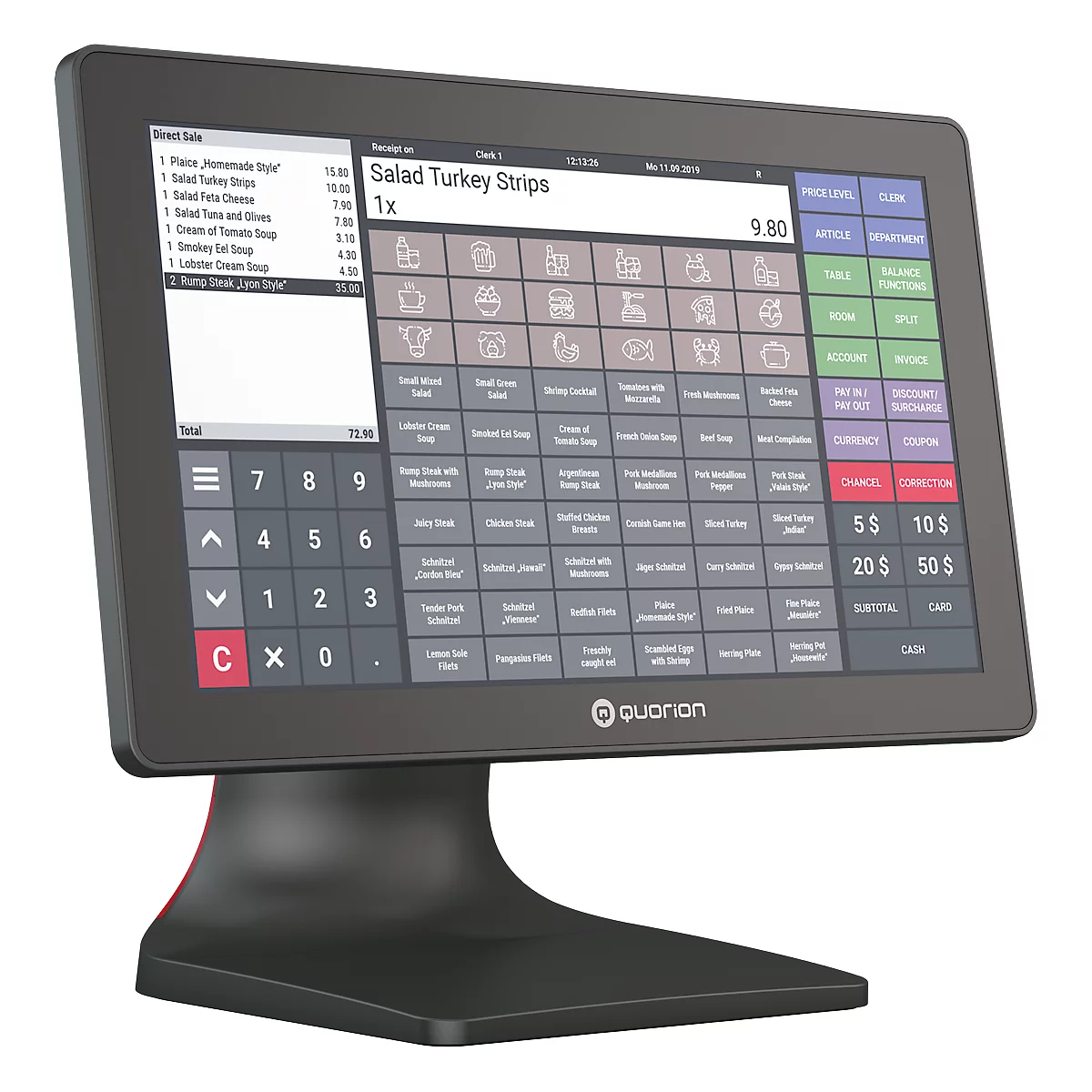 Ein schwarzes Quorion Kassensystem mit Touchscreen. Auf dem Bildschirm eine Rechnung für 'Salad Turkey Strips'.