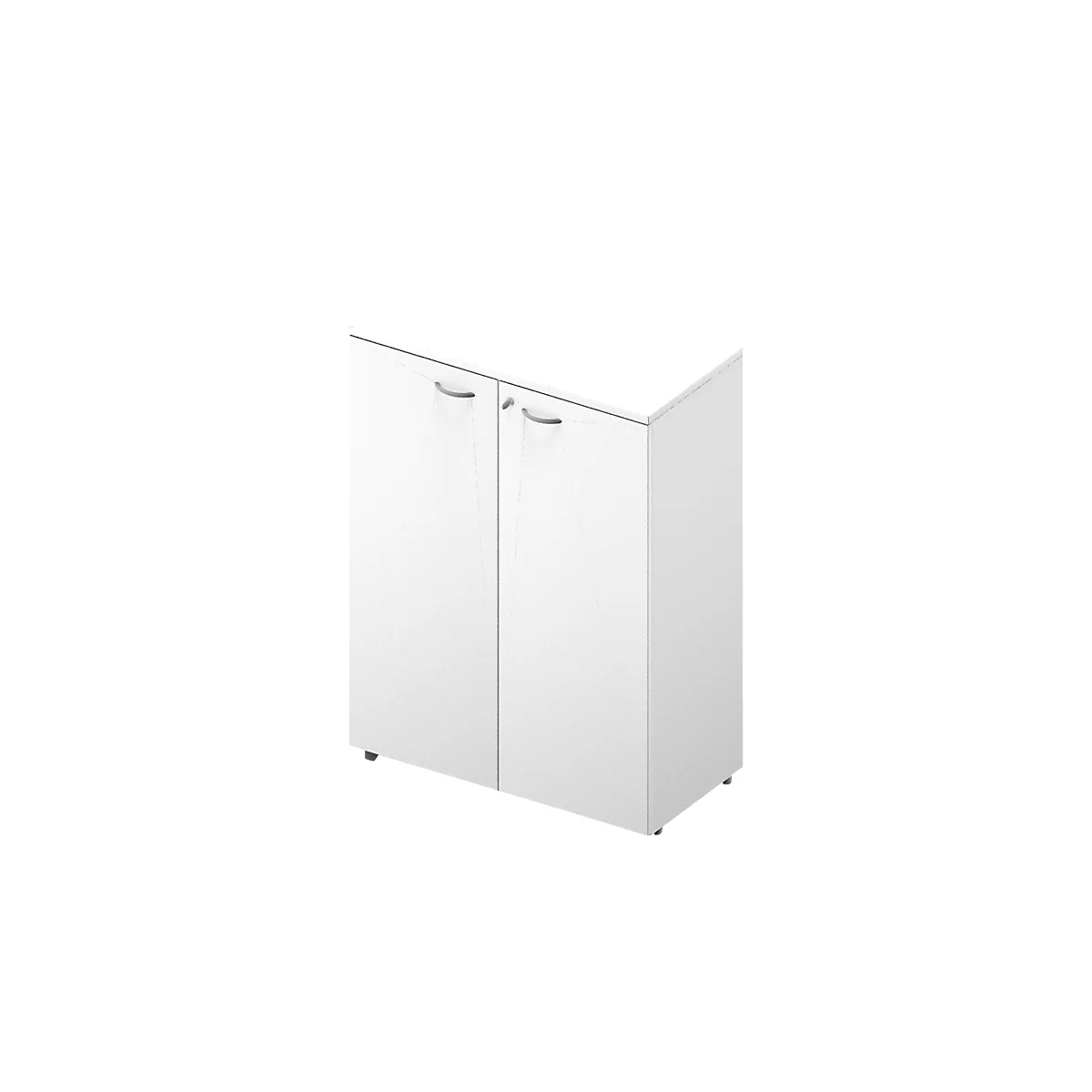 Witte kast met twee deuren en zilveren handgrepen. De kast staat op wieltjes.