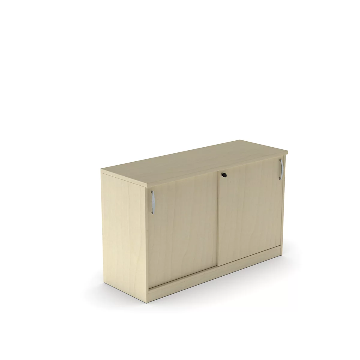 Beige houten kast met schuifdeur op een witte achtergrond.