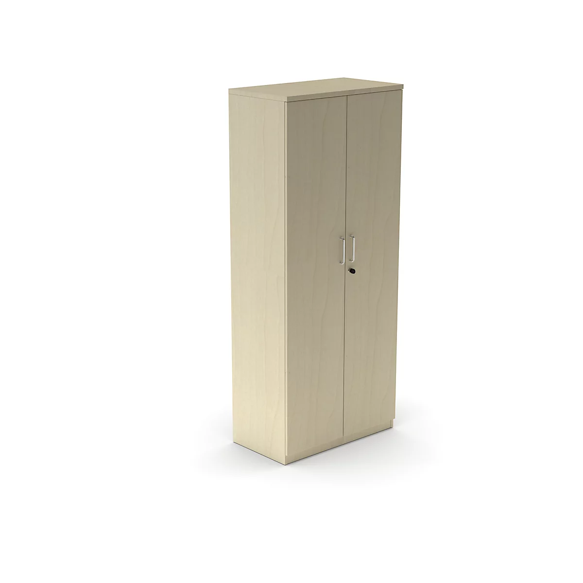 Beige kast met twee deuren, zilveren handgrepen en slot, tegen een witte achtergrond.