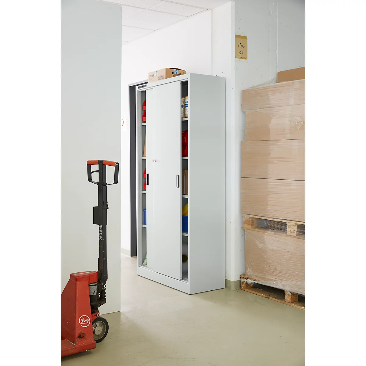 Kast, schuifdeuren, 950 x 400 x 1950 mm, lichtgrijs RAL 7035
