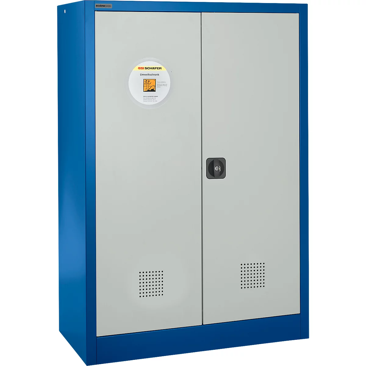Blauwe kast met dubbele deuren en een ronde sticker.