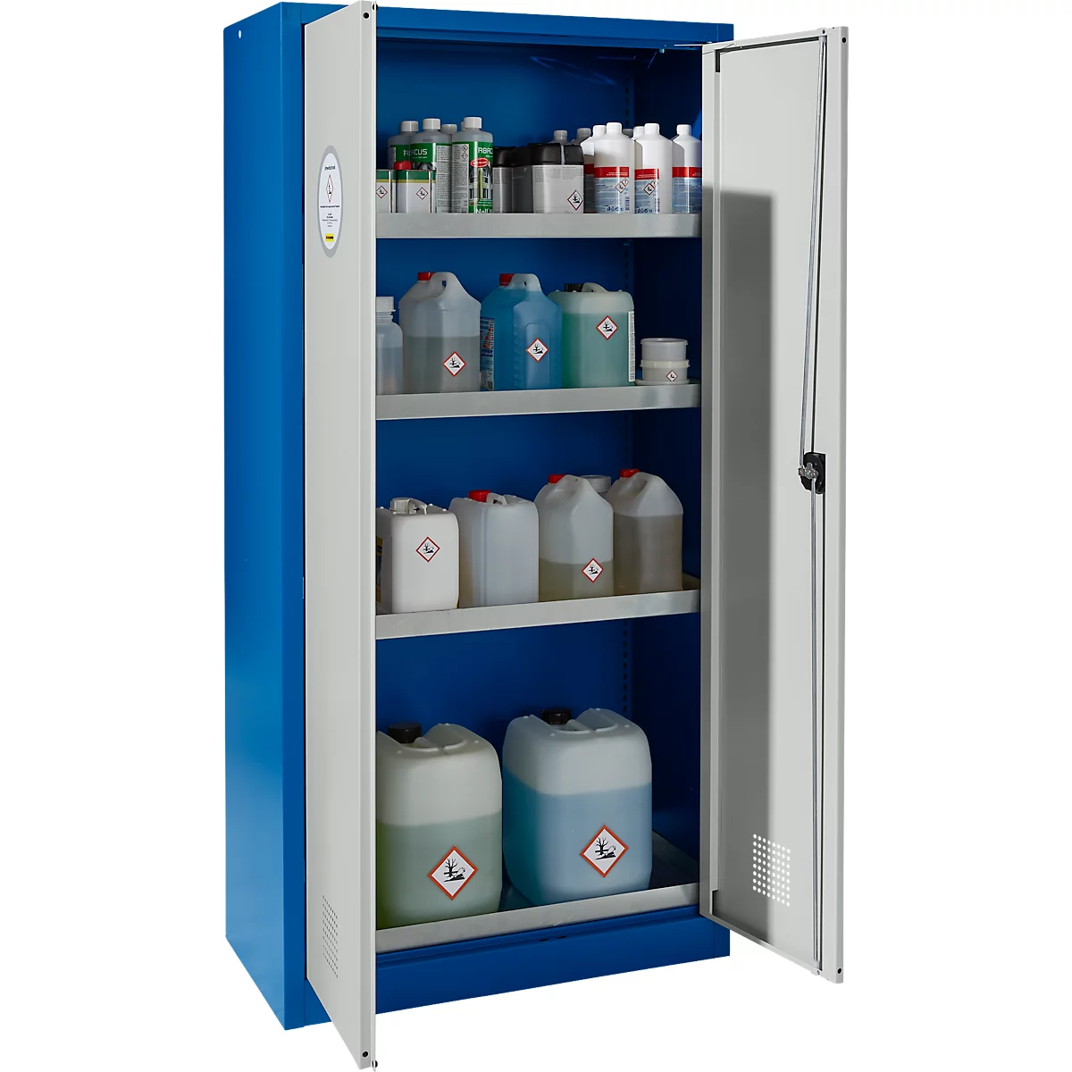 Kast voor gevaarlijke stoffen - staal - 4 opvangbak met inhoud 20 l - B 950 x D 500 x H 1935 mm - ventilatiesleuven - ons merk Schäfer Shop Select