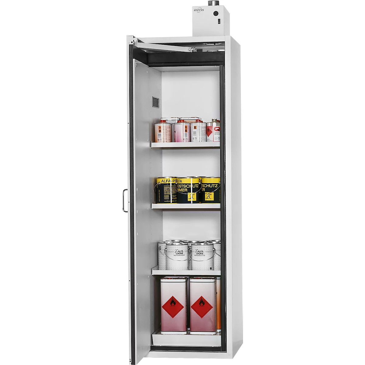 Open witte veiligheidskast met gevaarlijke stoffen en verfproducten. Rood-witte canisters met gevaarlijke stoffen onderaan.