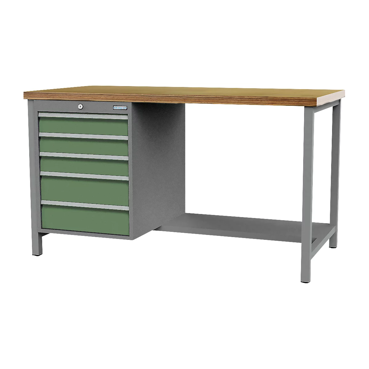 Kastenwerkbank Bedrunka+Hirth, Buche-Multiplex-Arbeitsplatte, 5 Schübe & halber Fachboden, abschließbar, bis 1000 kg, B 1500 x T 750 x H 859 mm