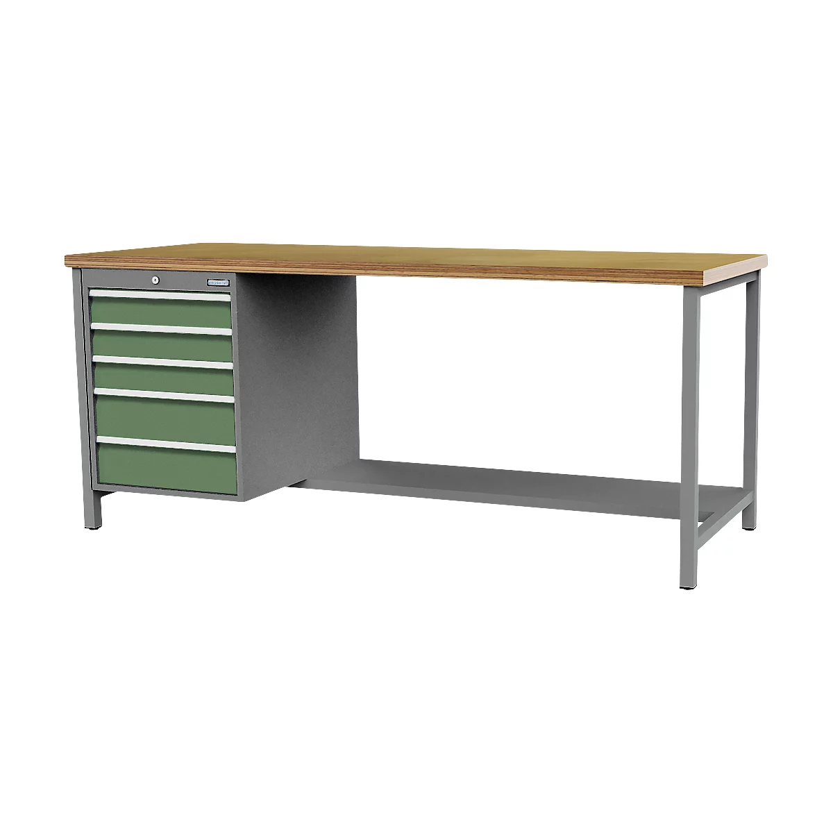 Kastenwerkbank Bedrunka+Hirth, Buche-Multiplex-Arbeitsplatte, 5 Schübe & halber Fachboden, abschliessbar, bis 1000 kg, B 2000 x T 750 x H 859 mm