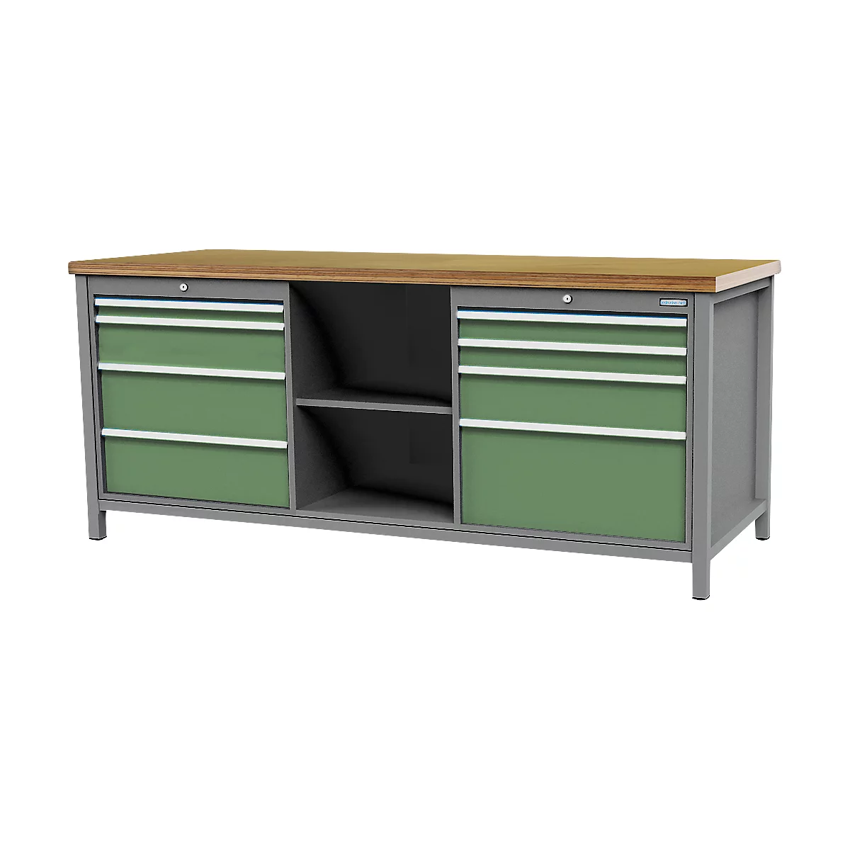 Kastenwerkbank Bedrunka+Hirth, Buche-Multiplex-Arbeitsplatte, 8 Schübe + Stauraum mit Fachboden, abschließbar, bis 1000 kg, B 2000 x T 750 x H 859 mm