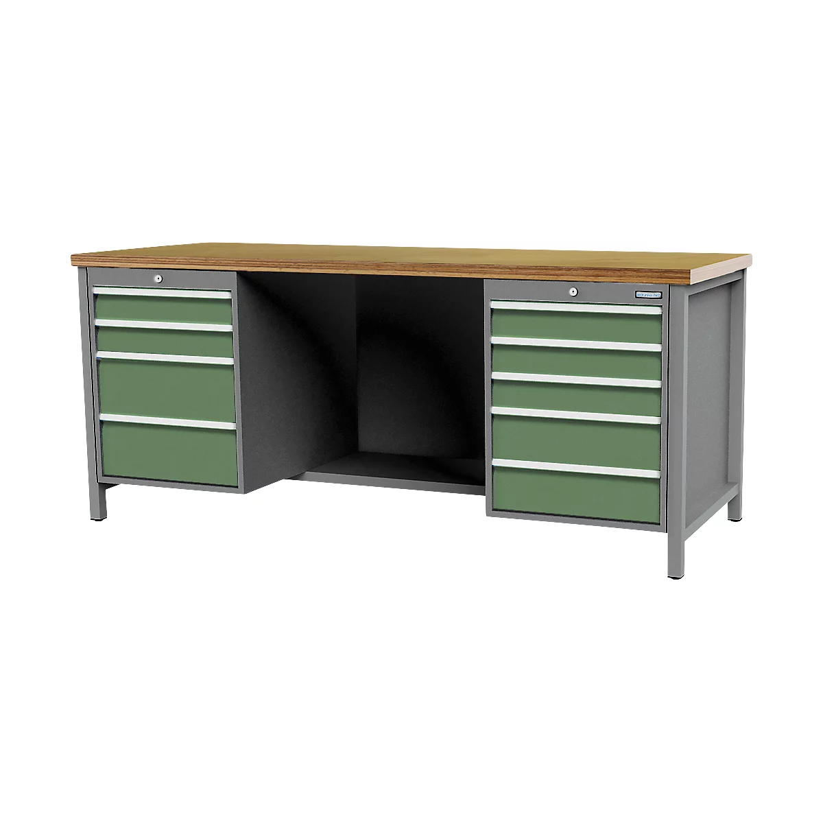 Kastenwerkbank Bedrunka+Hirth, Buche-Multiplex-Arbeitsplatte, 9 Schübe & halber Fachboden + Rückwand, abschliessbar, bis 1000 kg, B 2000 x T 750 x H 859 mm