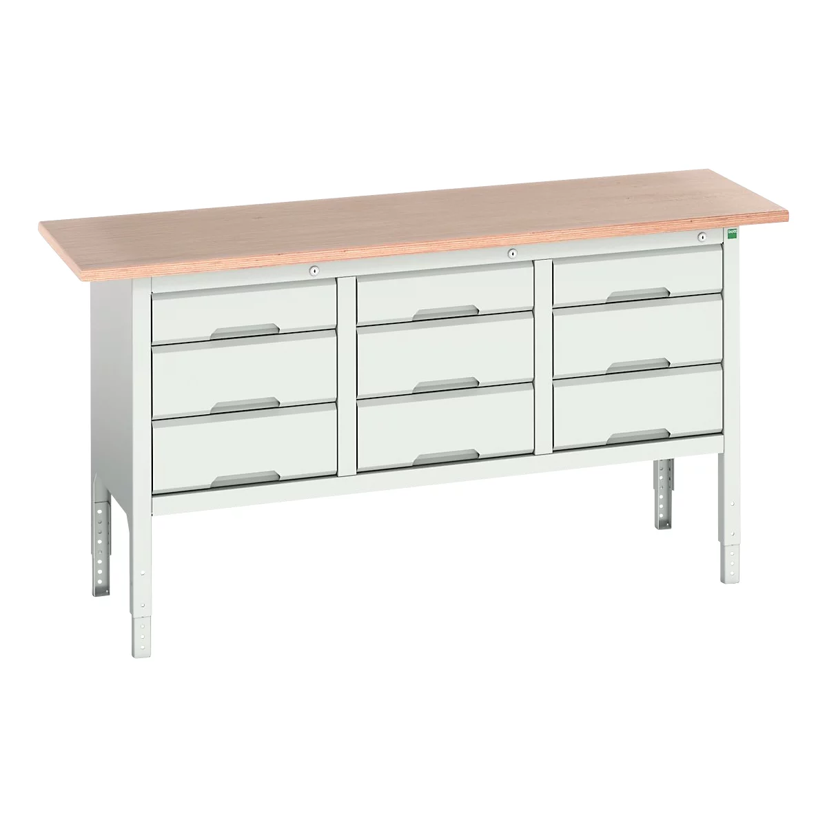 Kastenwerkbank Boot verso, mit Multiplex-Platte, 9 Schubladen, B 1750 x T 600 x H 830 - 930 mm, RAL 7035 Lichtgrau