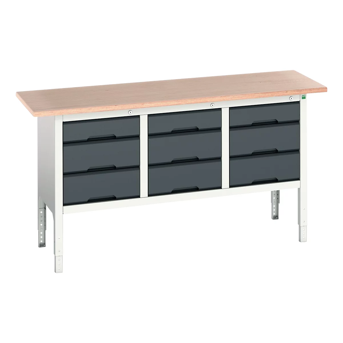 Kastenwerkbank Boot verso, mit Multiplex-Platte, 9 Schubladen, B 1750 x T 600 x H 830 - 930 mm, RAL 7035 Lichtgrau / RAL 7016 Anthrazitgrau