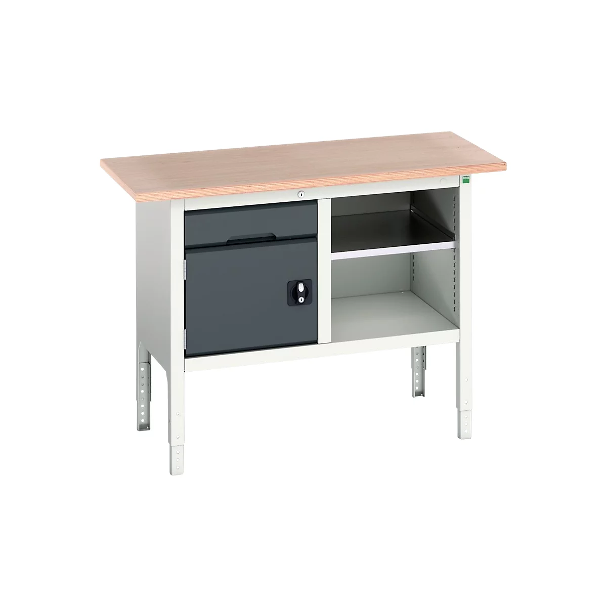 Kastenwerkbank Bott verso, mit Multiplex-Platte, 1 Schublade & 1 Ablageboden & 1 Tür, B 1250 x T 600 x H 830 - 930 mm, Lichtgrau / Anthrazitgrau