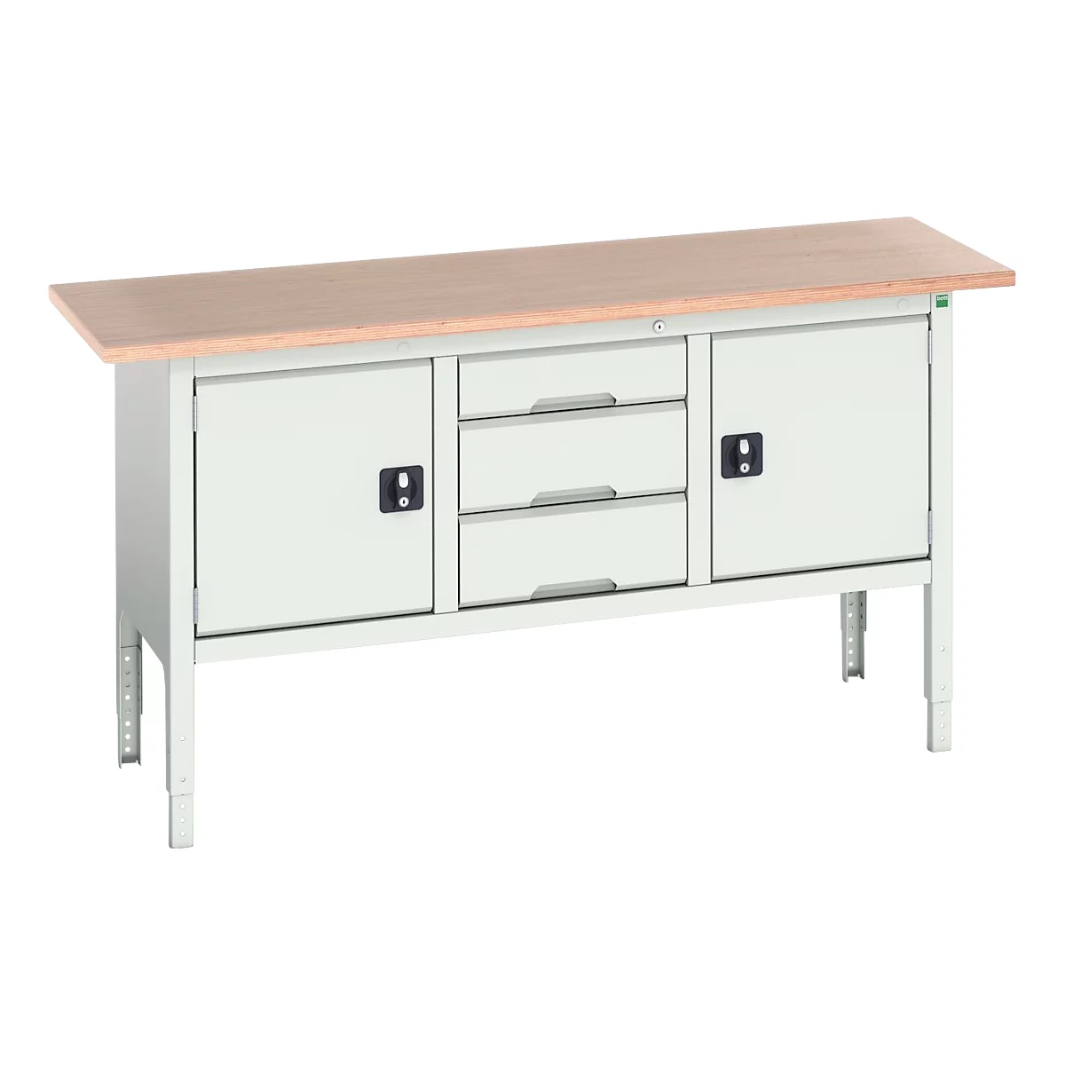 Kastenwerkbank Bott verso, mit Multiplex-Platte, 3 Schubladen & 2 Türen, B 1750 x T 600 x H 830 - 930 mm, RAL 7035 Lichtgrau
