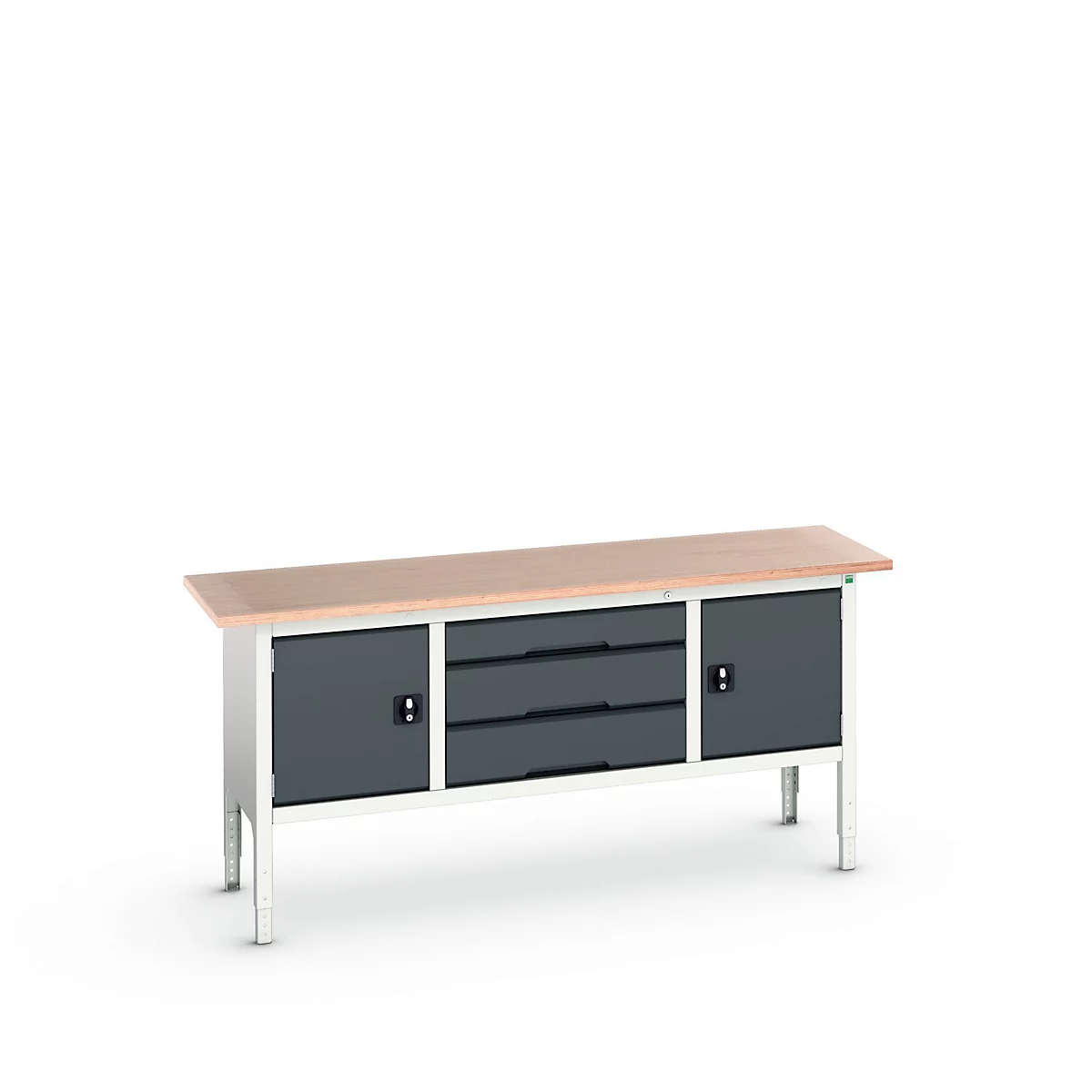 Kastenwerkbank Bott verso, mit Multiplex-Platte, 3 Schubladen & 2 Türen, B 2000 x T 600 x H 830 - 930 mm, Lichtgrau RAL 7035 / Anthrazitgrau RAL 7016