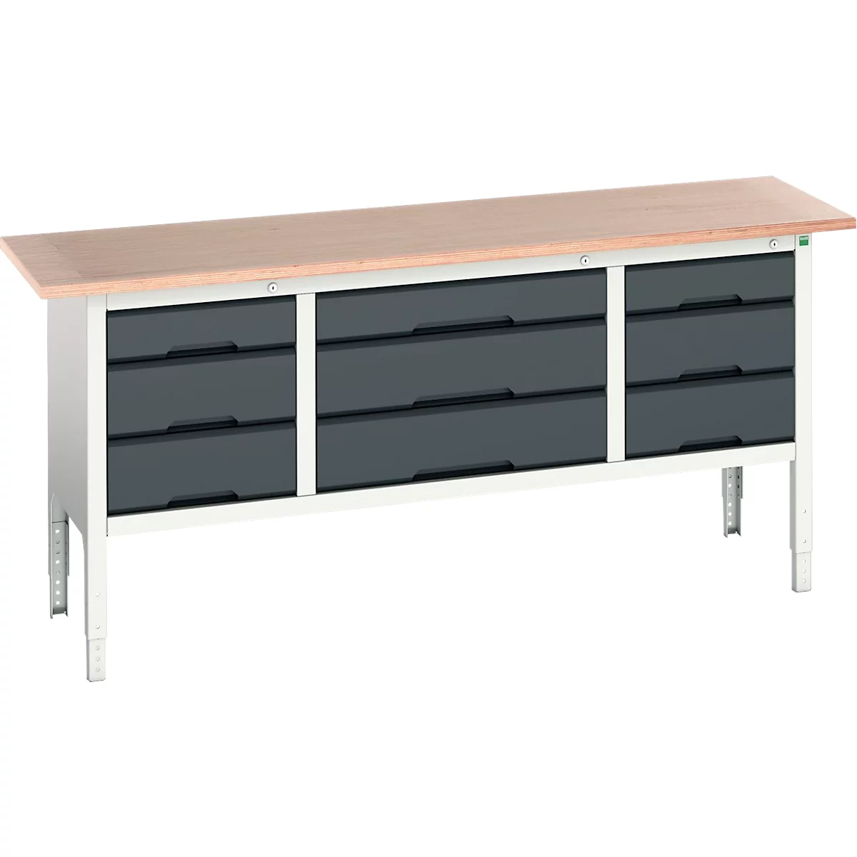 Kastenwerkbank Bott verso, mit Multiplex-Platte, 9 Schubladen, B 2000 x T 600 x H 830 - 930 mm, Lichtgrau RAL 7035 /6 Anthrazitgrau RAL 701