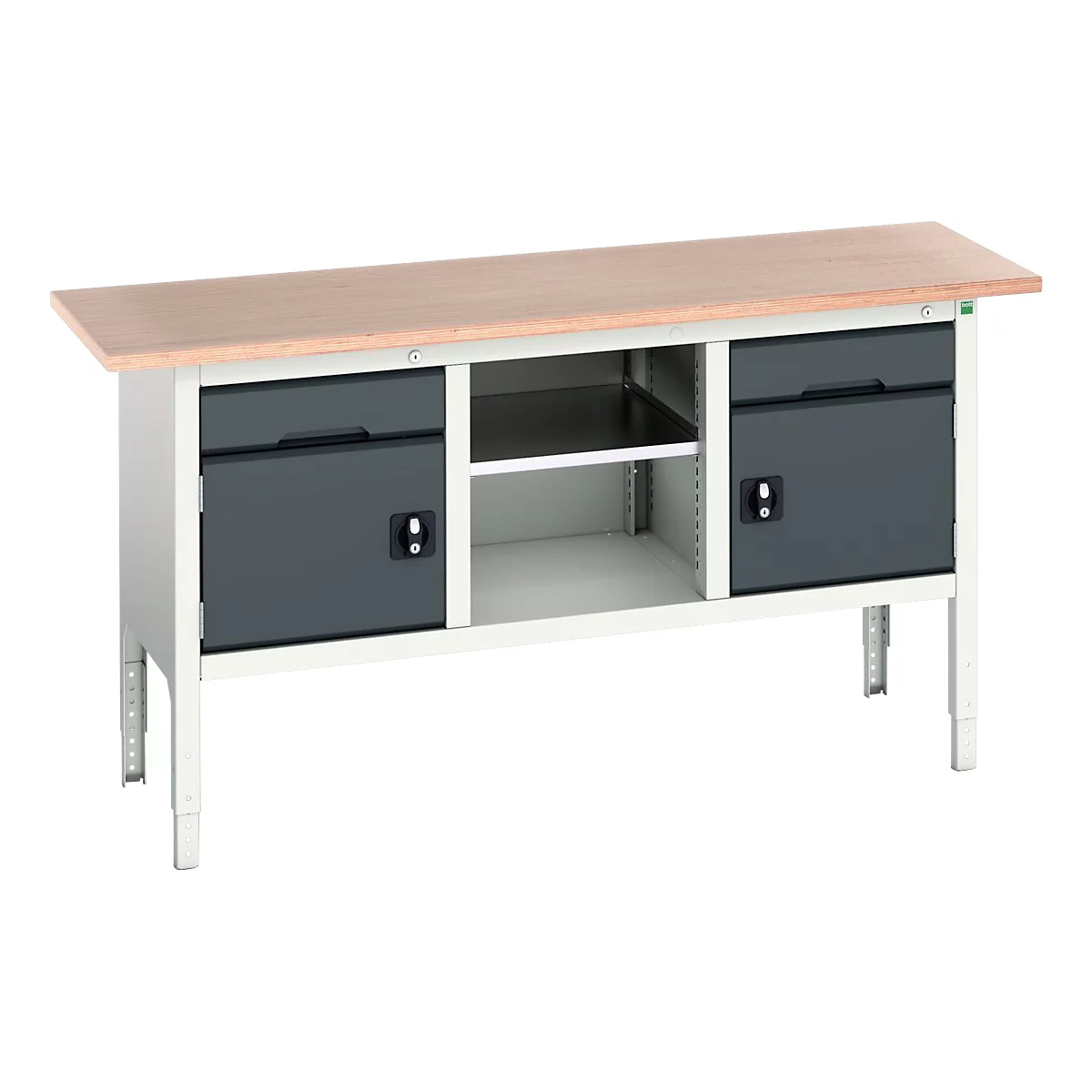 Kastenwerkbank Bott verso, Multiplex-Platte, 2 Schubladen, 1 Ablageboden, 2 Türen, B 1750 x T 600 x H 830 - 930 mm, Lichtgrau / Anthrazitgrau