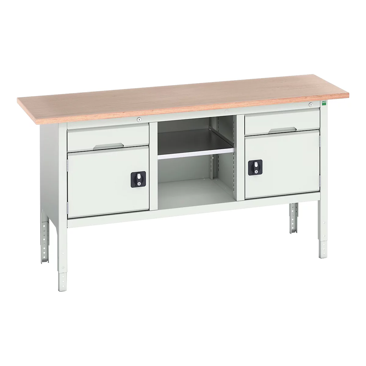 Kastenwerkbank Bott verso, Multiplex-Platte, 2 Schubladen, 1 Ablageboden, 2 Türen, B 1750 x T 600 x H 830 - 930 mm, Lichtgrau