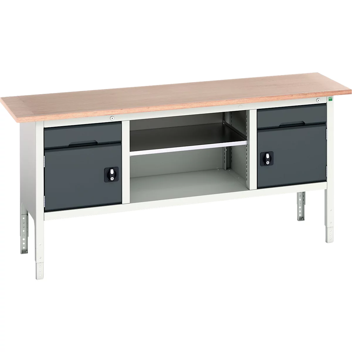Kastenwerkbank Bott verso, Multiplex-Platte, 2 Schubladen, 2 Türen, 1 Ablageboden, B 2000 x T 600 x H 830 - 930 mm, Lichtgrau / Anthrazitgrau