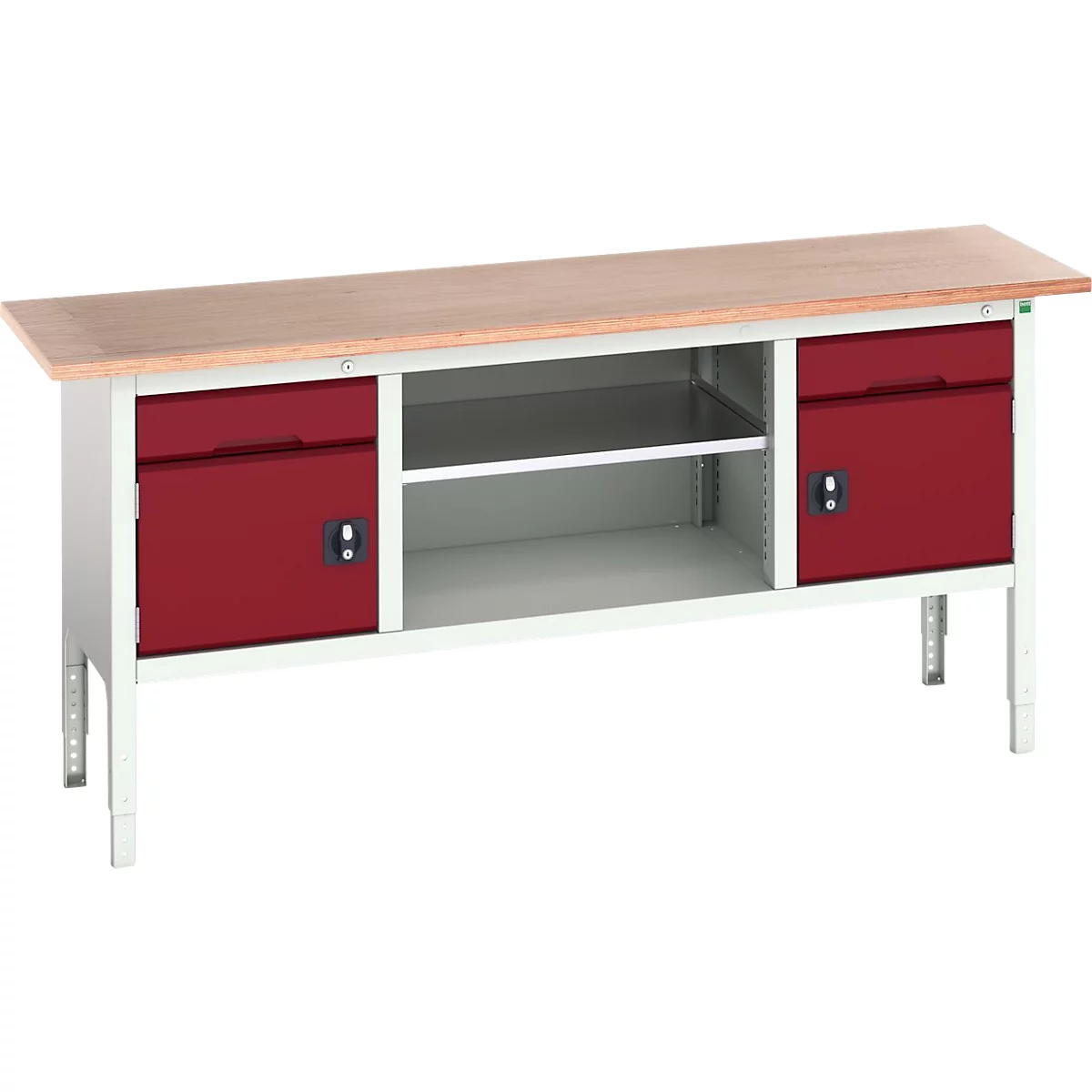 Kastenwerkbank Bott verso, Multiplex-Platte, 2 Schubladen, 2 Türen, 1 Ablageboden, B 2000 x T 600 x H 830 - 930 mm, Lichtgrau / Purpurrot