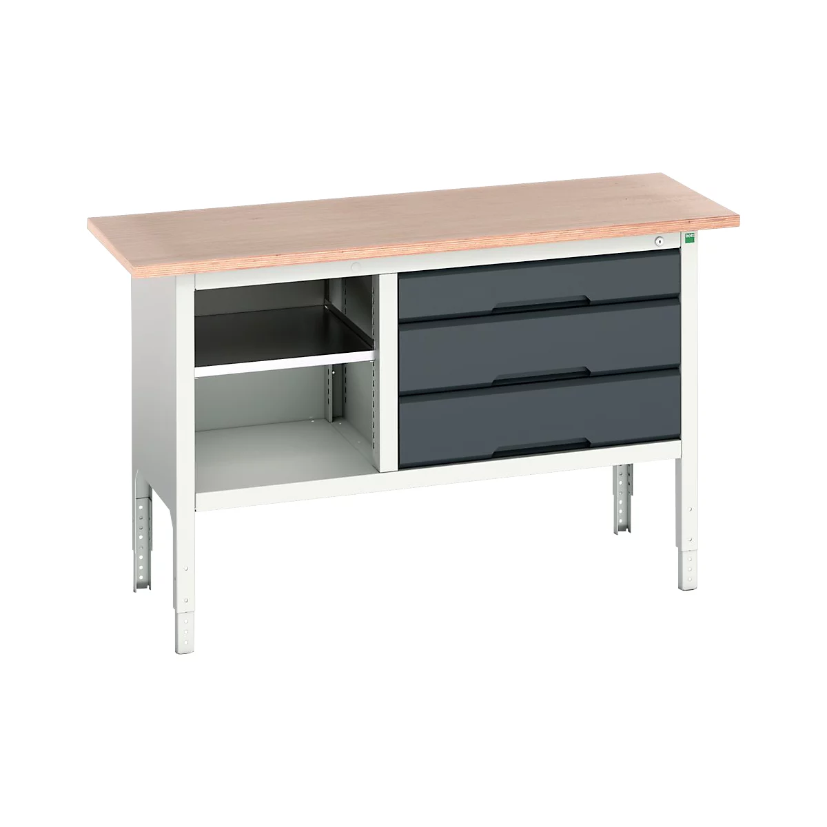 Kastenwerkbank Bott verso, Multiplex-Platte, 3 Schubladen & 1 Ablageboden, B 1500 x T 600 x H 830 - 930 mm, RAL 7035 Lichtgrau / Anthrazitgrau