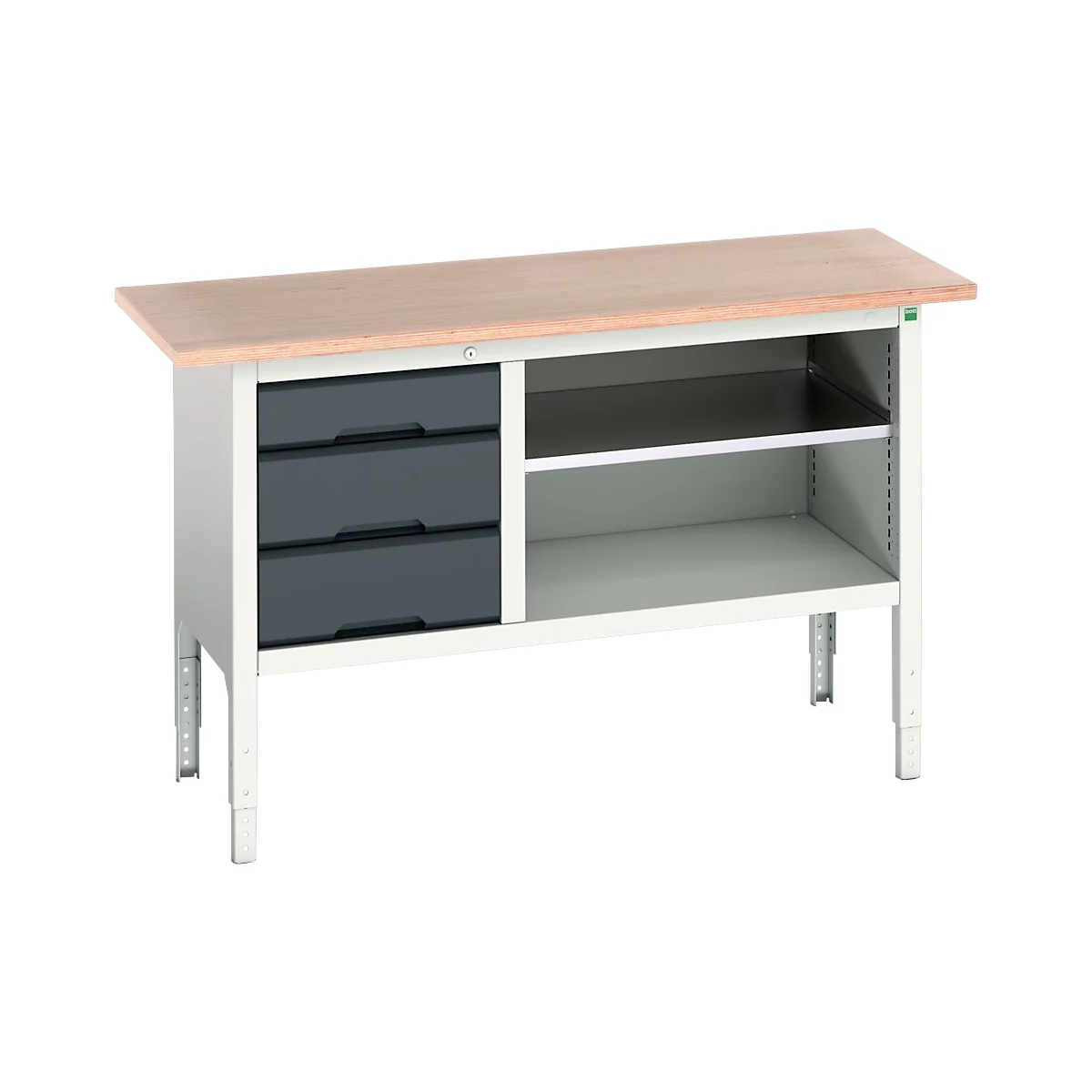 Kastenwerkbank Bott verso, Multiplex-Platte, 3 Schubladen & 1 Ablageboden, B 1500 x T 600 x H 830 - 930 mm, RAL 7035 Lichtgrau / Anthrazitgrau