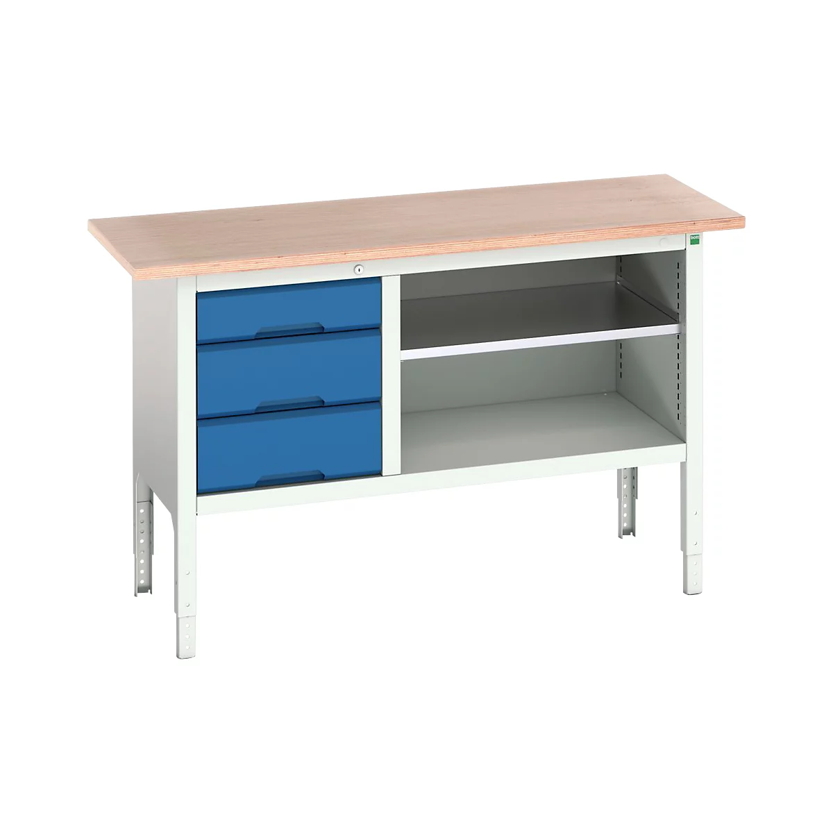 Kastenwerkbank Bott verso, Multiplex-Platte, 3 Schubladen & 1 Ablageboden, B 1500 x T 600 x H 830 - 930 mm, RAL 7035 Lichtgrau / Enzianblau