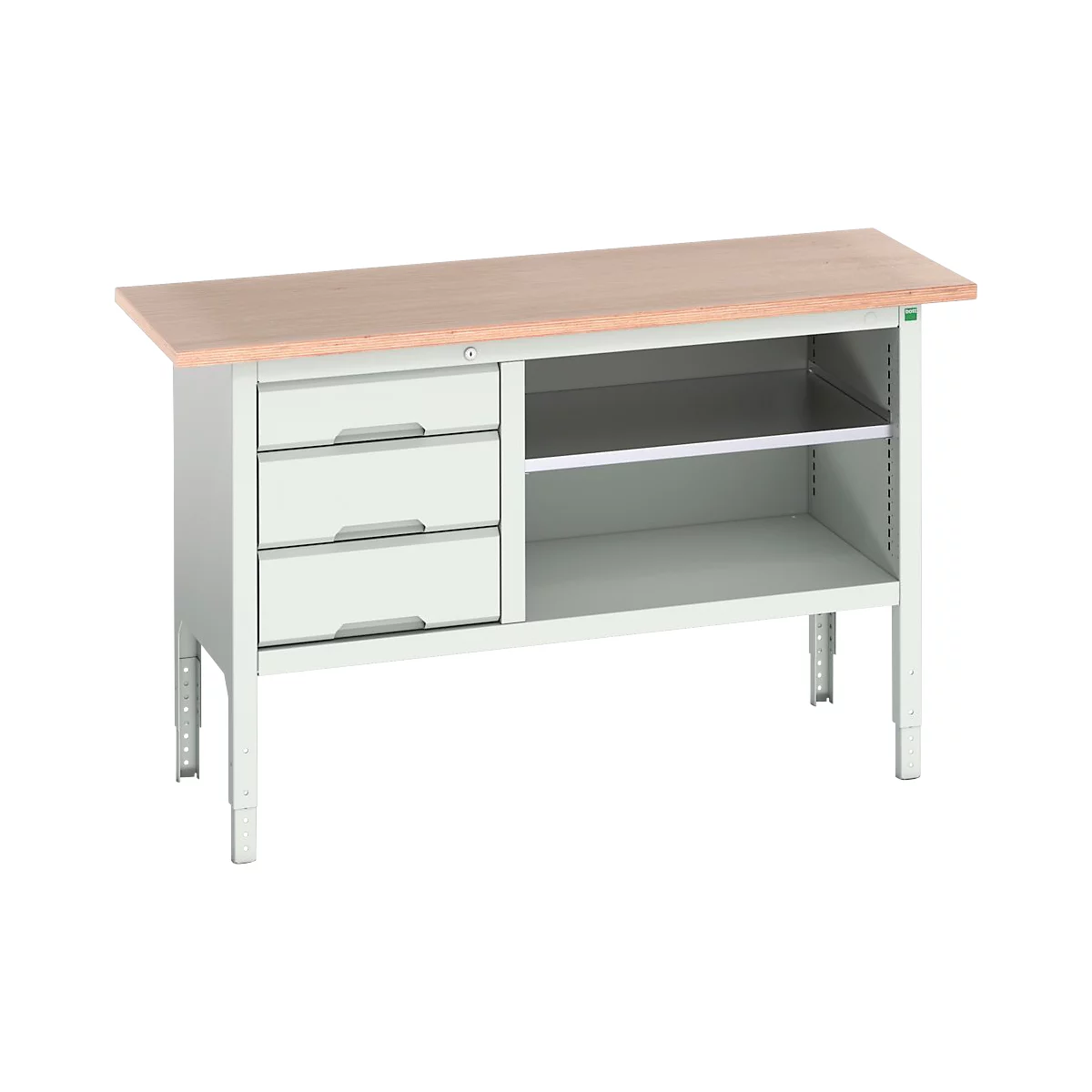 Kastenwerkbank Bott verso, Multiplex-Platte, 3 Schubladen & 1 Ablageboden, B 1500 x T 600 x H 830 - 930 mm, RAL 7035 Lichtgrau