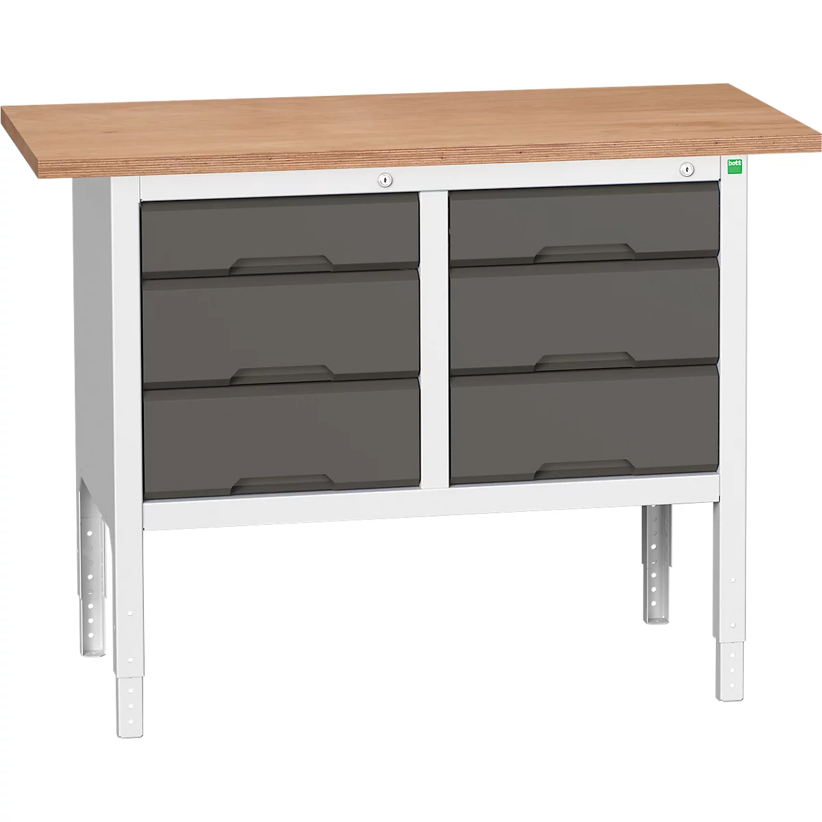 Kastenwerkbank Bott verso, Multiplex-Platte, 6 Schubladen, B 1250 x T 600 x H 830 - 930 mm, RAL 7035 Lichtgrau / Anthrazitgrau